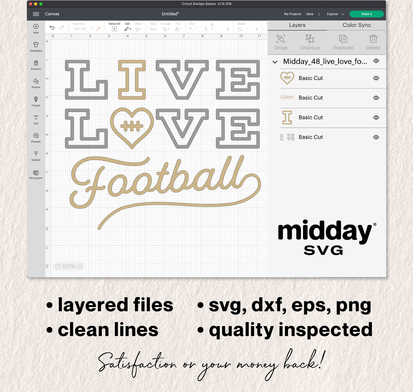 Live Love Football SVG design displayed in Cricut Design Space with options for SVG, DXF, EPS, PNG formats by midday SVG.