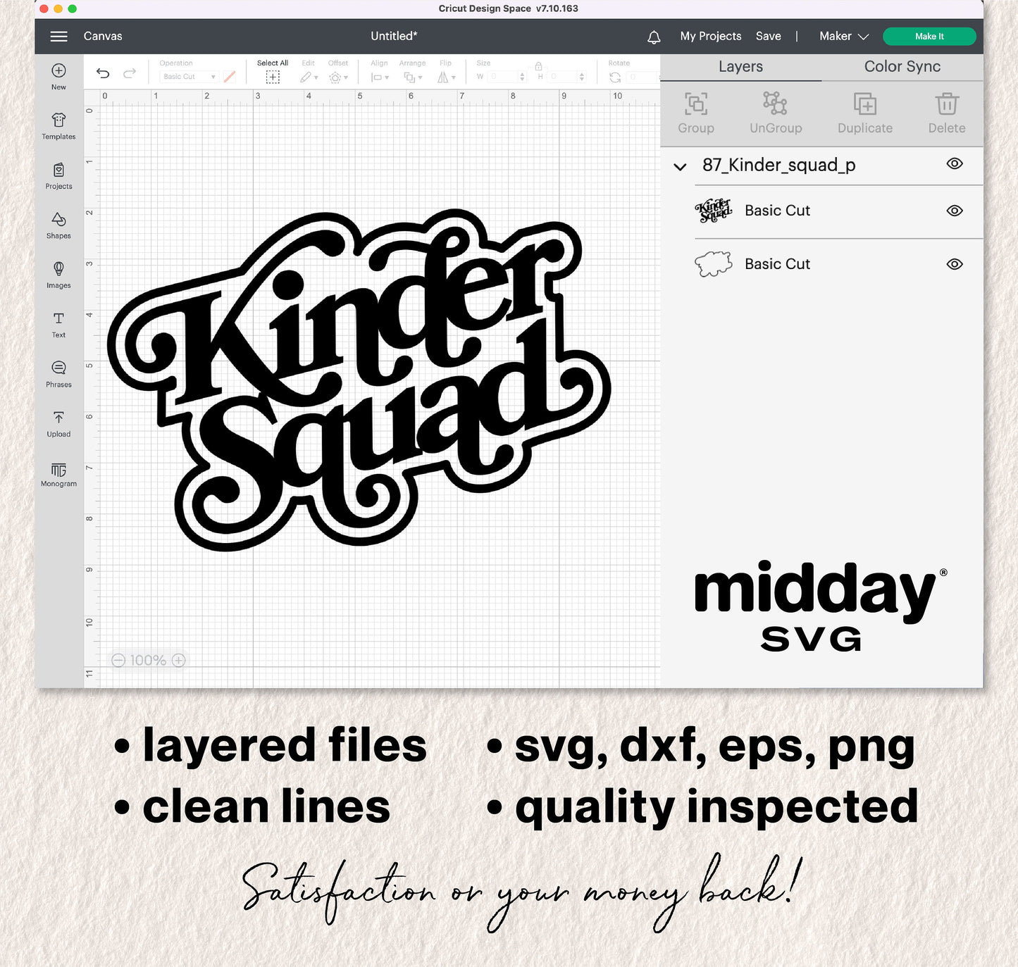 Kinder Squad SVG design in Cricut Design Space, includes SVG, DXF, EPS, PNG formats, perfect for kindergarten teacher shirts.