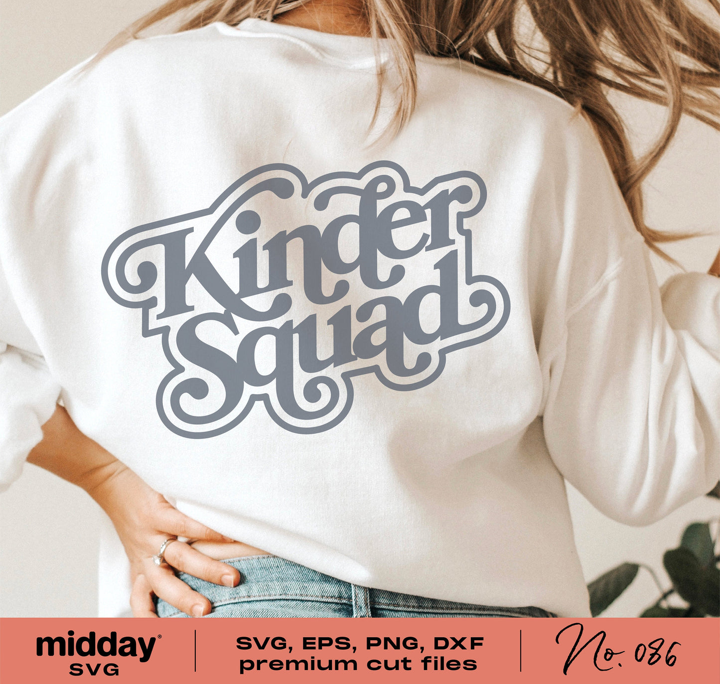 Woman wearing a white shirt with 'Kinder Squad' design for Kindergarten teachers, suitable for Cricut and Silhouette use. SVG, PNG, DXF, EPS files included.