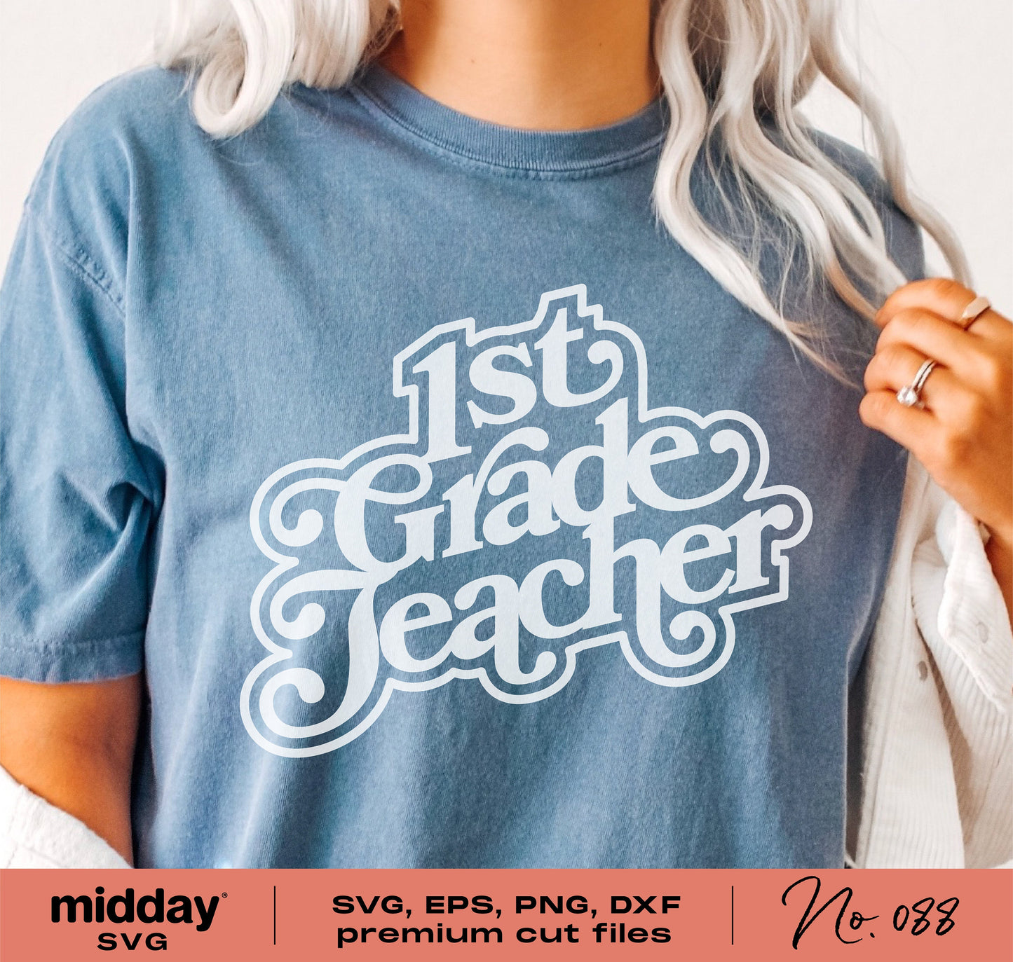 Blue shirt with '1st Grade Teacher' vintage 1980s design in white, for Cricut and Silhouette SVG cutting files.