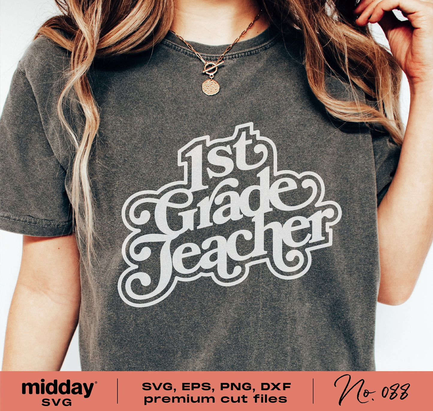 Vintage 1980s style 1st Grade Teacher shirt SVG, perfect for Cricut and Silhouette projects; includes PNG, DXF, EPS formats.
