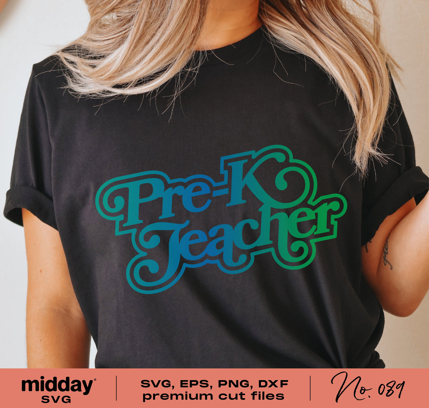 Woman wearing a black shirt with 'Pre-K Teacher' design in blue and green, perfect for Cricut and Silhouette projects.