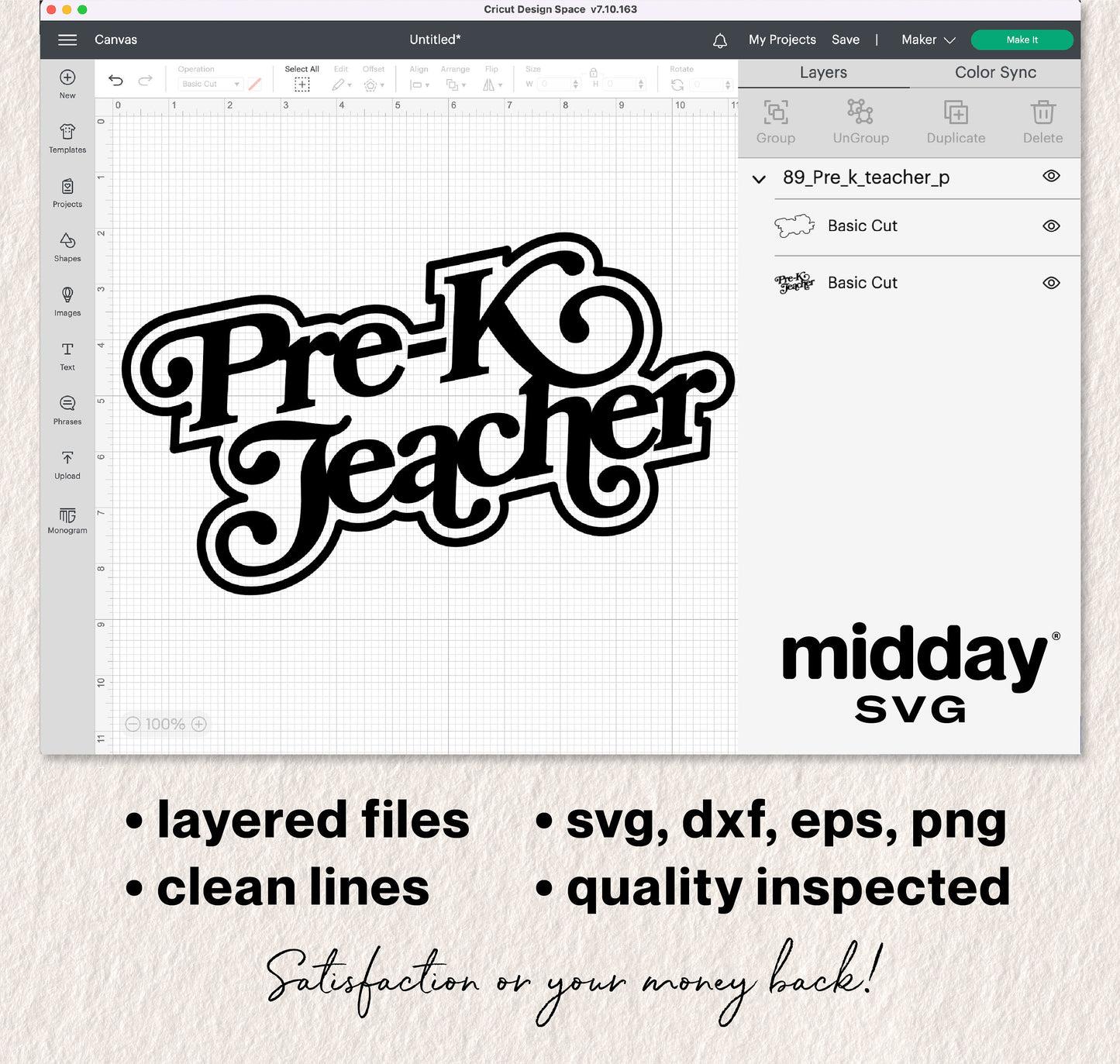 Pre-K Teacher SVG design displayed in Cricut Design Space with layered files, clean lines, and multiple format options.
