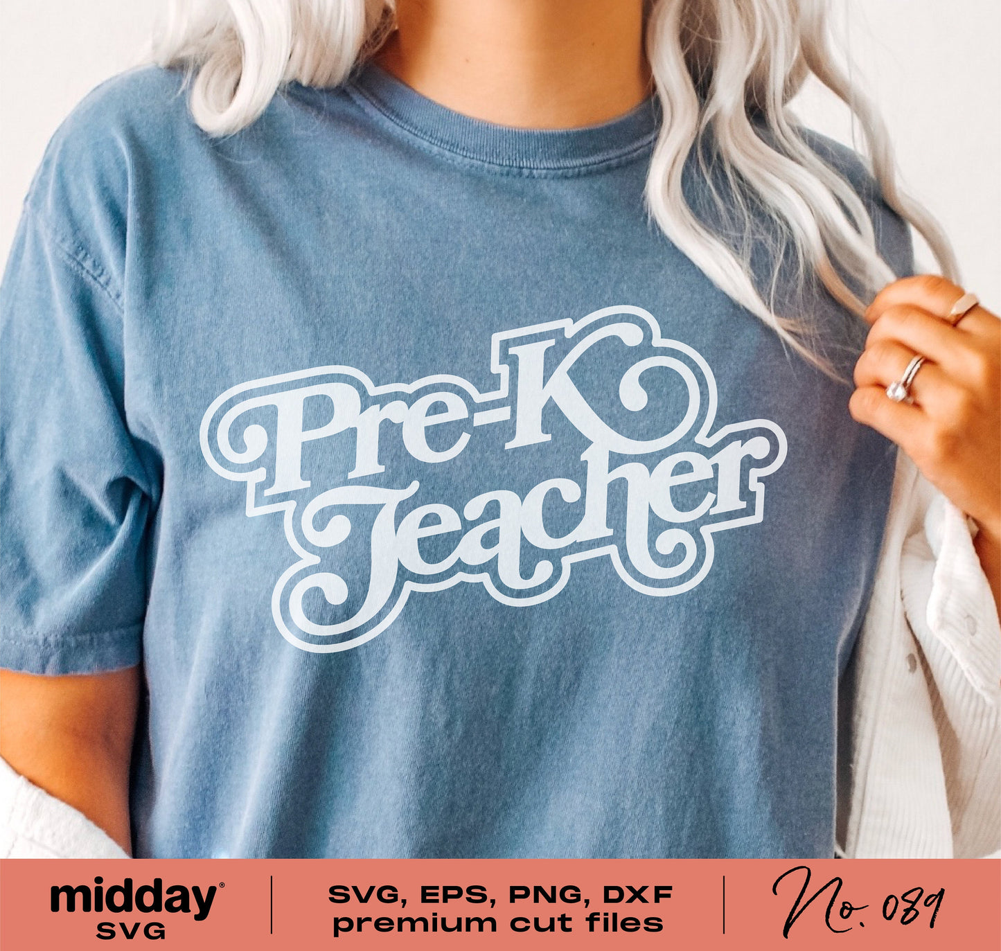 Pre-K Teacher SVG design on blue shirt, available in SVG, PNG, EPS, DXF formats for Cricut and Silhouette cutting machines.