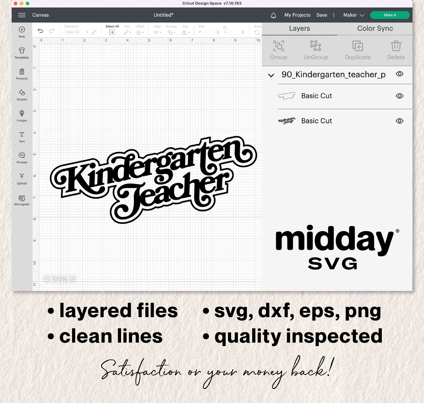Kindergarten Teacher SVG design preview for Cricut with layered files in SVG, DXF, EPS, and PNG formats, clean typography, and quality assurance.