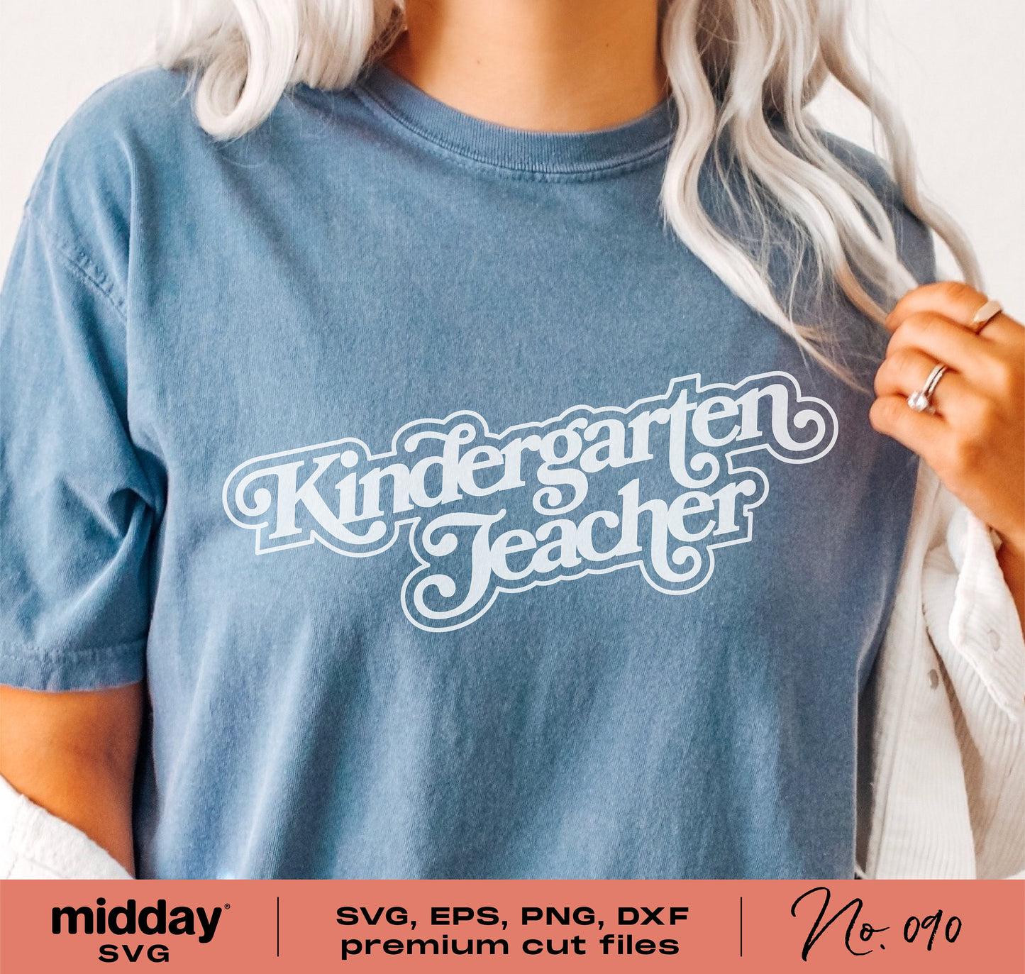 Blue shirt with "Kindergarten Teacher" text design, available as SVG, PNG, DXF, EPS files for Cricut and Silhouette projects.