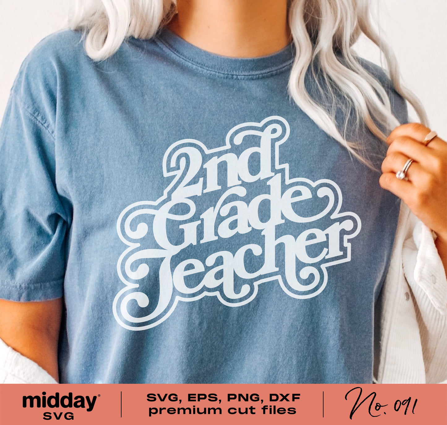 Second Grade Teacher retro style shirt with text design, available as SVG, PNG, DXF for Cricut and Silhouette cutting machines.