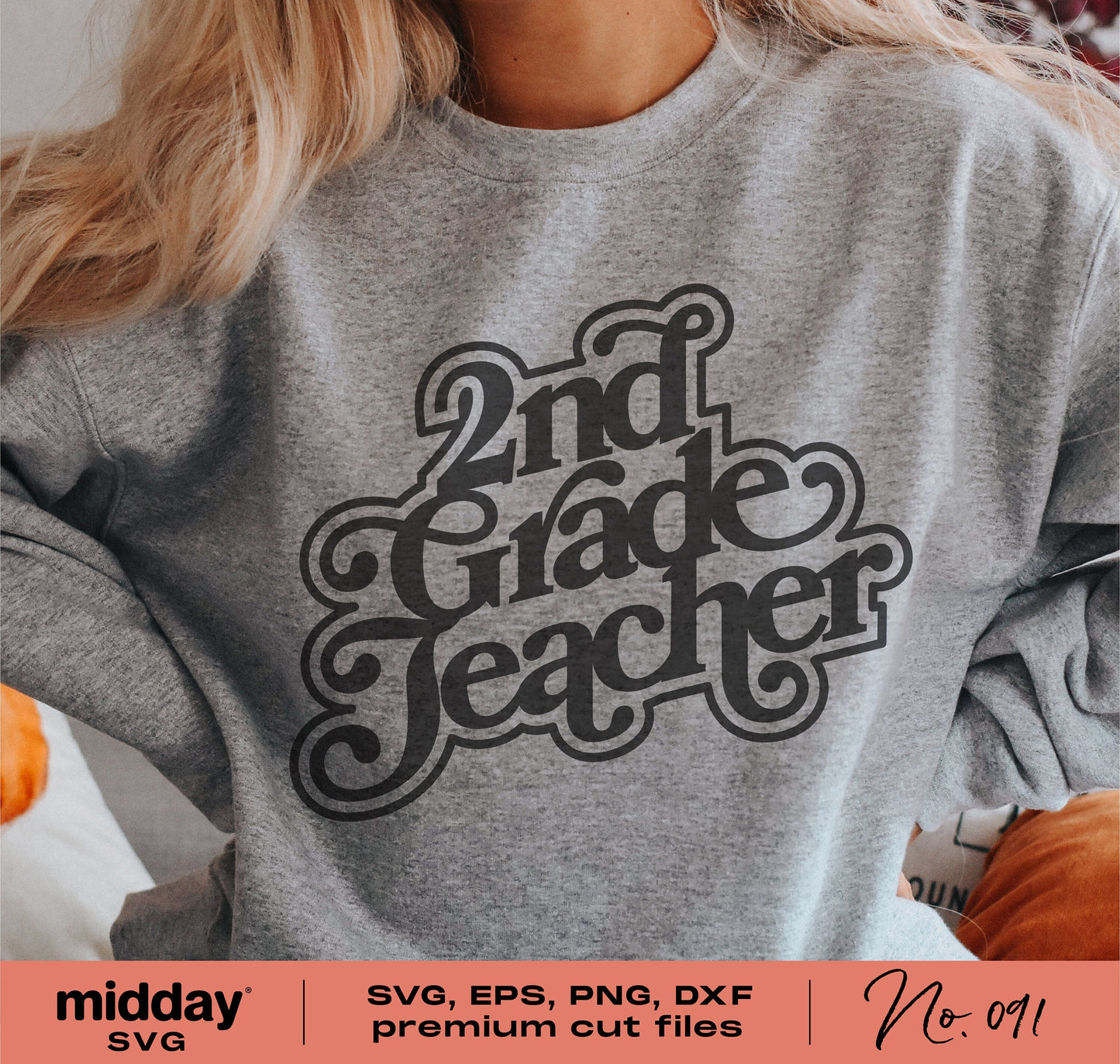 Retro 2nd Grade Teacher design on gray shirt; SVG, EPS, PNG, DXF file available for Cricut, Silhouette