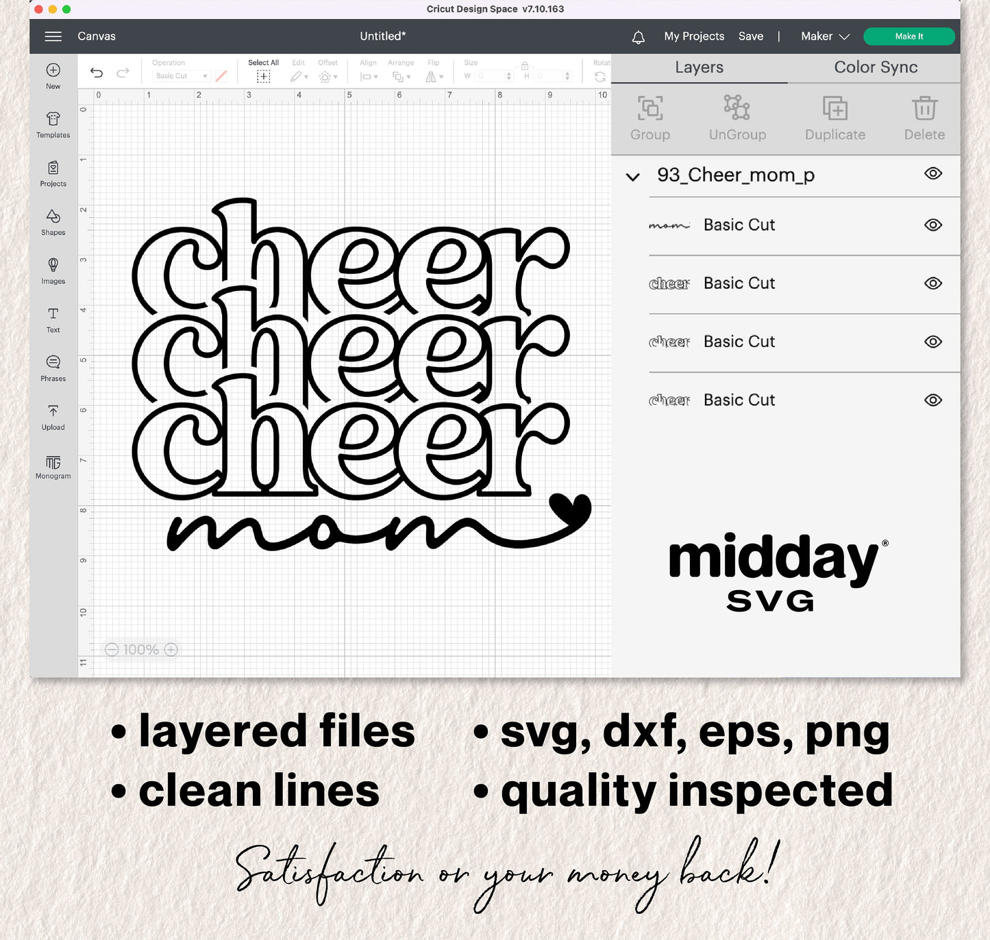 Cheer Mom SVG design file in Cricut Design Space for creating custom cheerleading shirts and tumblers, includes SVG, DXF, EPS, and PNG formats.