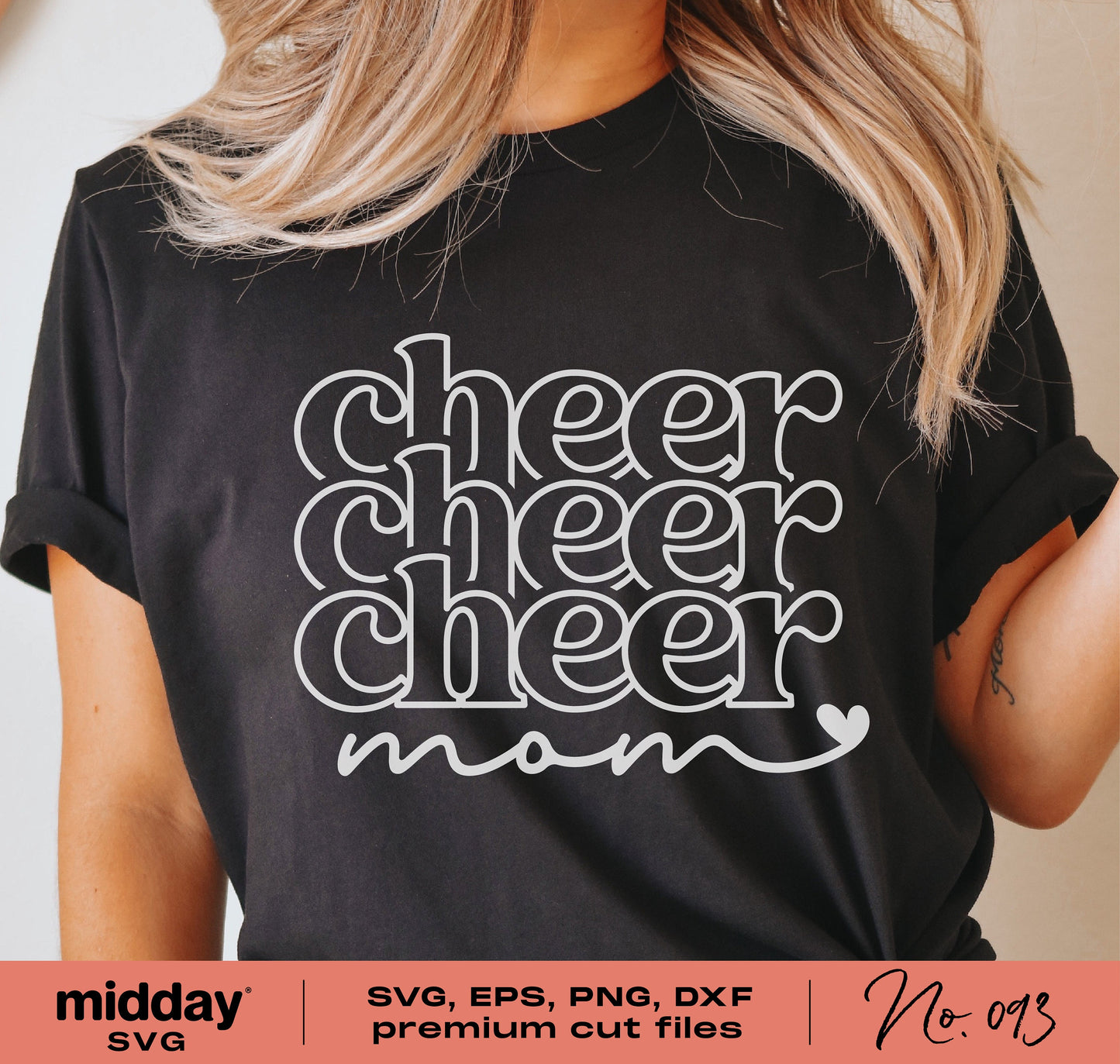 Black shirt with 'cheer cheer cheer mom' design for cheerleader moms, available as SVG, PNG, DXF, EPS digital files for Cricut and Silhouette.