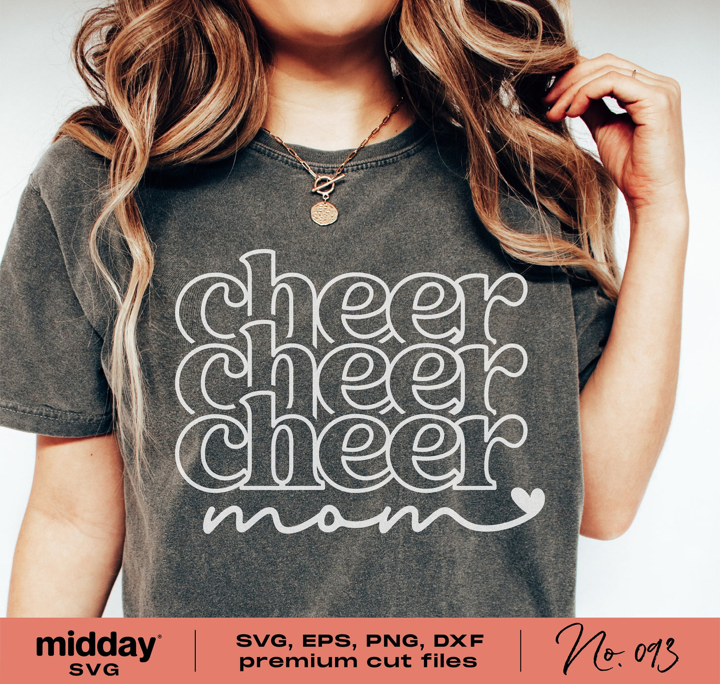 Woman wearing a shirt with 'cheer cheer cheer mom' design, suitable for cheerleader moms, compatible with SVG, EPS, PNG, and DXF formats.