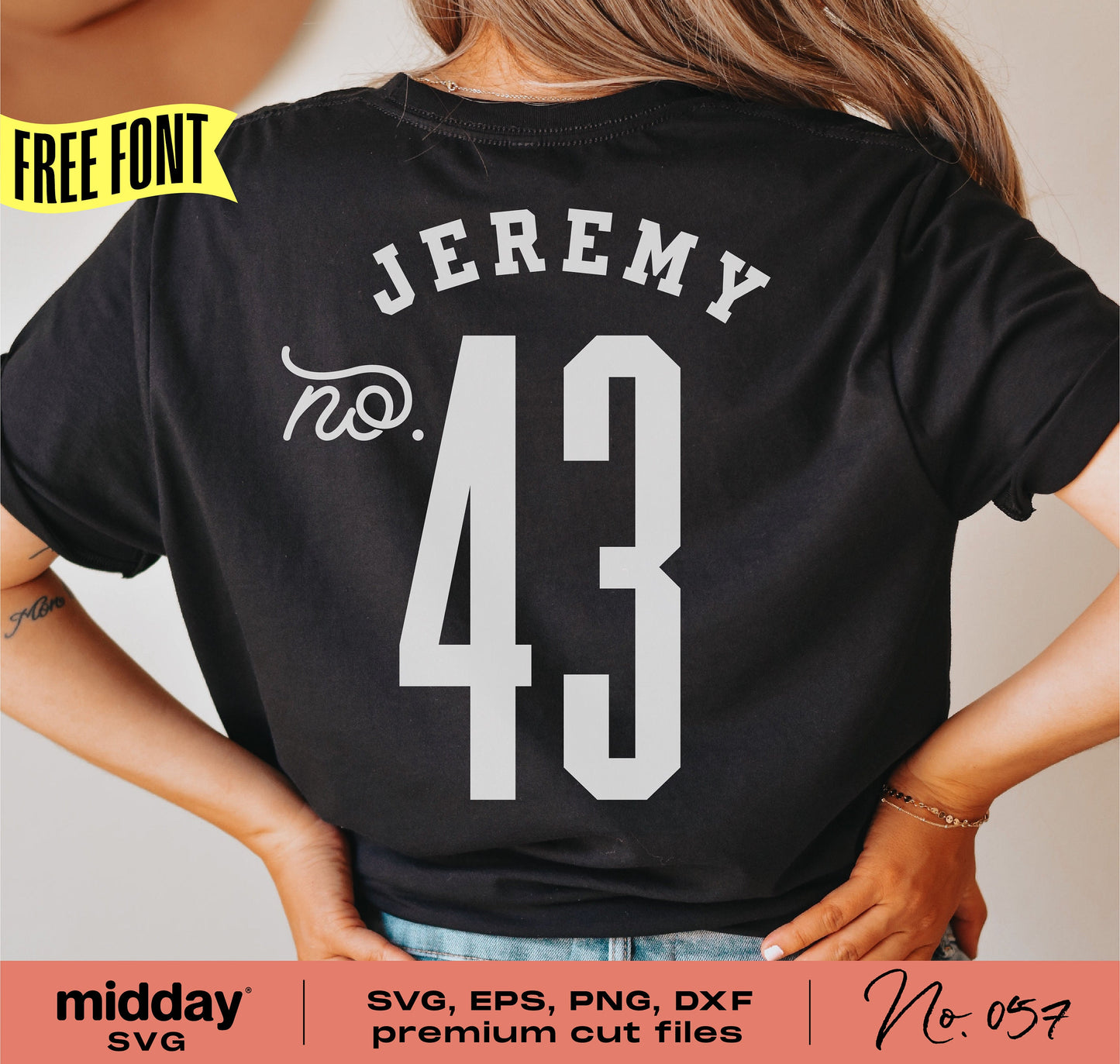 Back view of custom football team shirt with number 43 and name, available as SVG, EPS, PNG, DXF cut files for Cricut and Silhouette