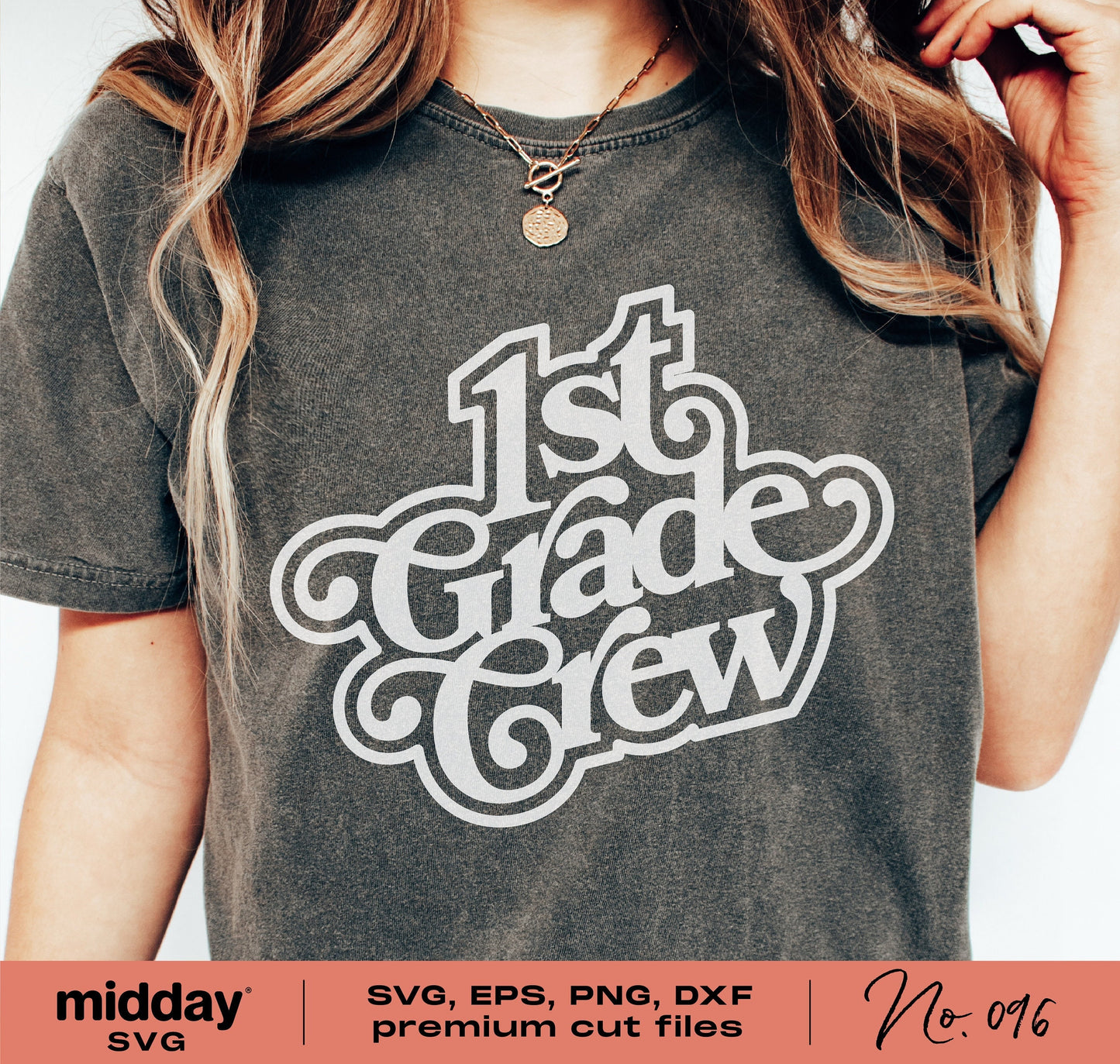 T-shirt featuring '1st Grade Crew' design, ideal for first grade teachers and students. Available in SVG, EPS, PNG, DXF formats.