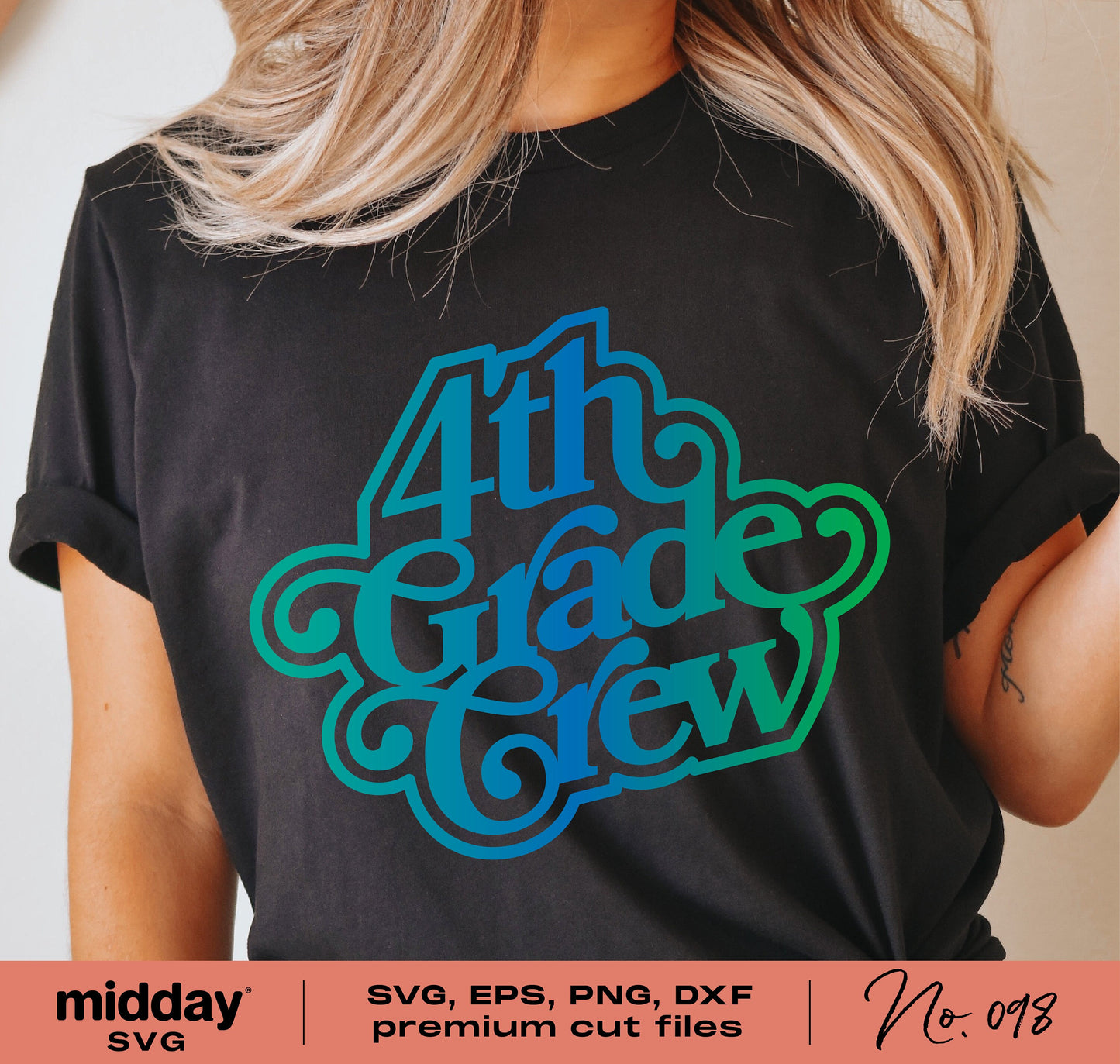 Woman wearing 4th Grade Crew shirt for teachers and students, perfect for back to school. Includes SVG, EPS, PNG, DXF files.
