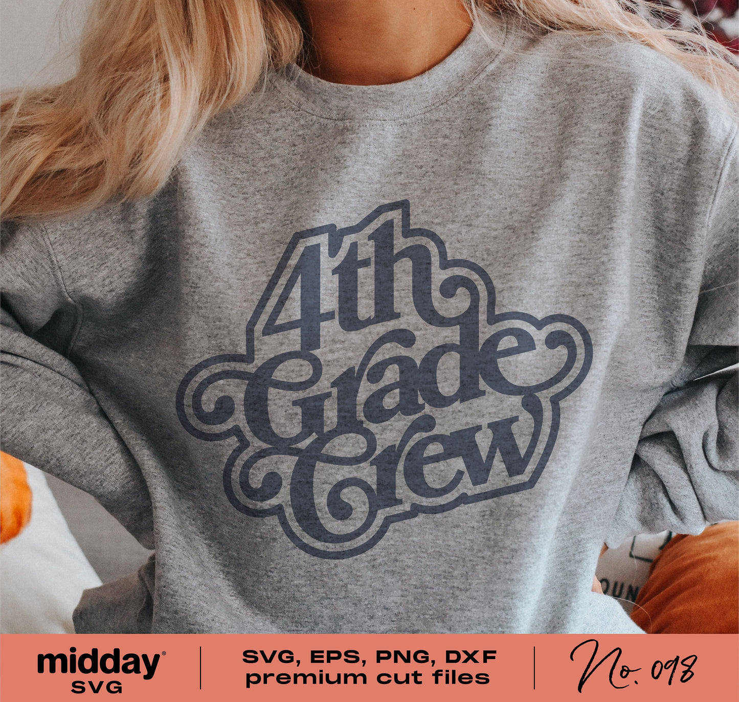 Person wearing a grey sweatshirt with '4th Grade Crew' design, showcasing a school-themed SVG design ideal for teachers and students.