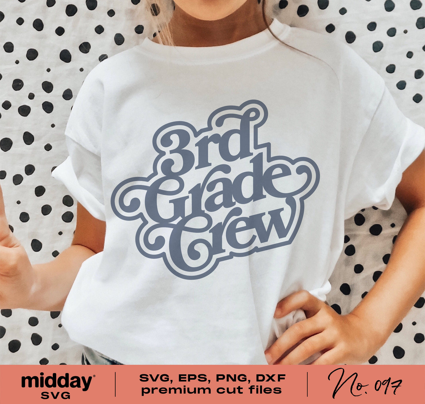 Child wearing a white shirt with '3rd Grade Crew' graphic, ideal for third graders and teachers. SVG, EPS, PNG, DXF formats available.
