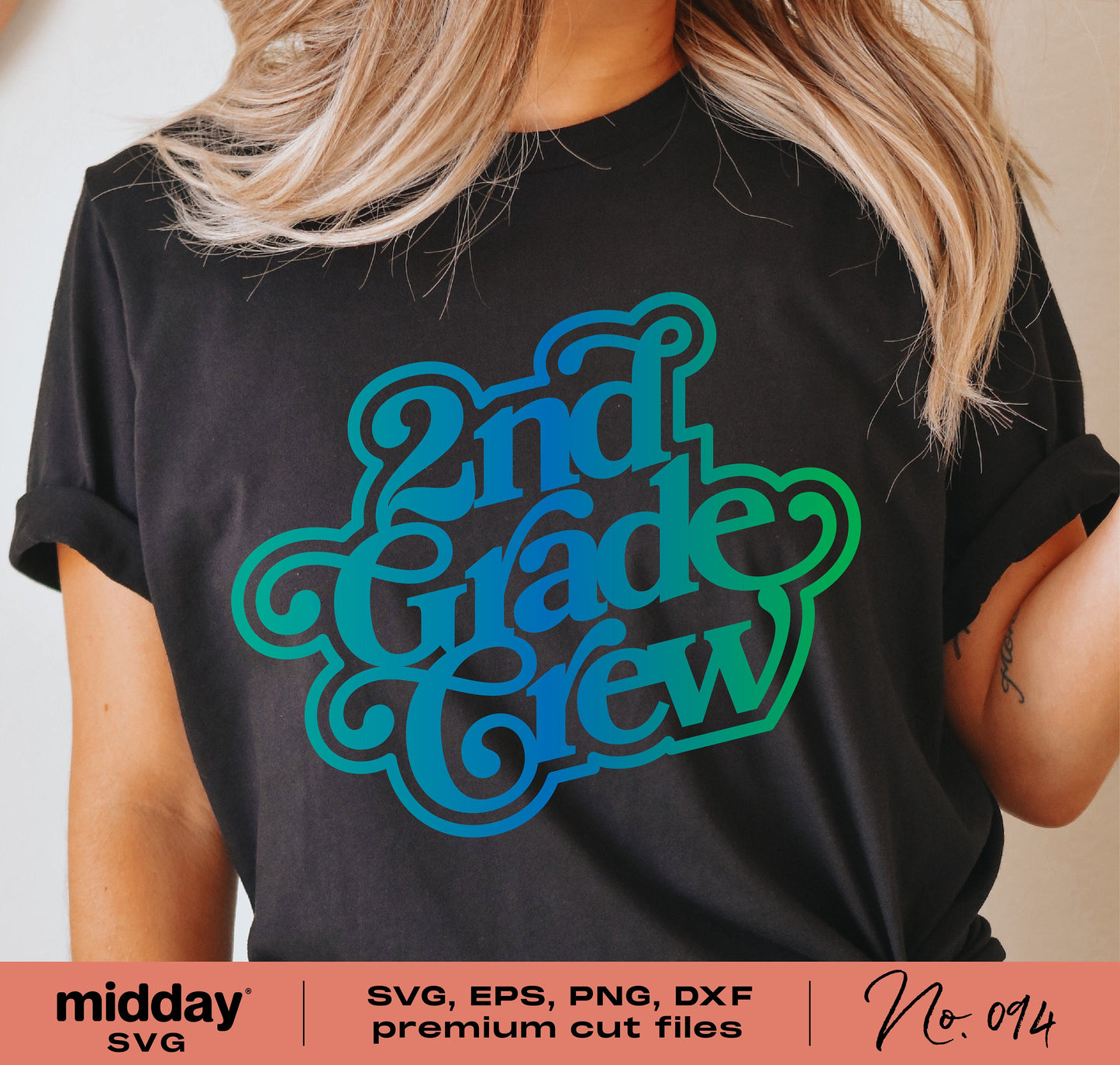 Woman wearing '2nd Grade Crew' shirt for teachers, featuring SVG, EPS, PNG, DXF formats for Cricut and Silhouette.