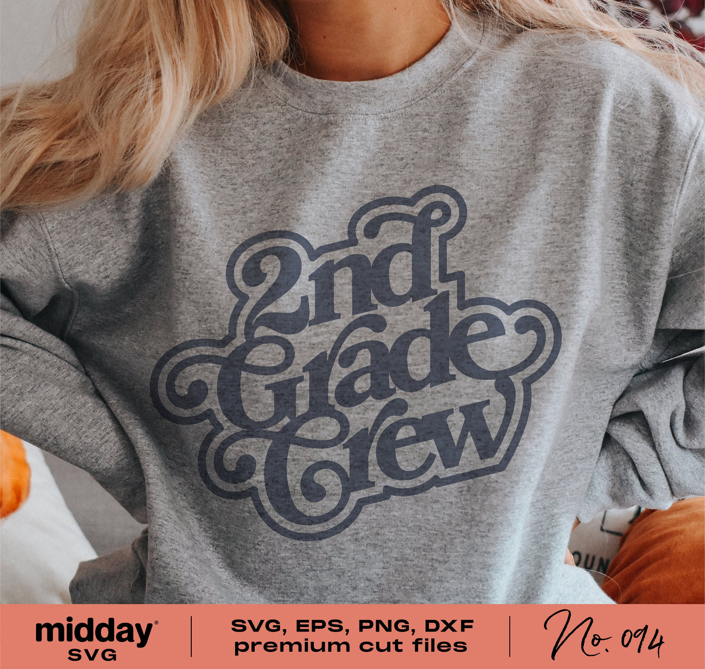 Gray sweatshirt with '2nd Grade Crew' design, available in SVG, EPS, PNG, and DXF formats for Cricut and Silhouette crafting.