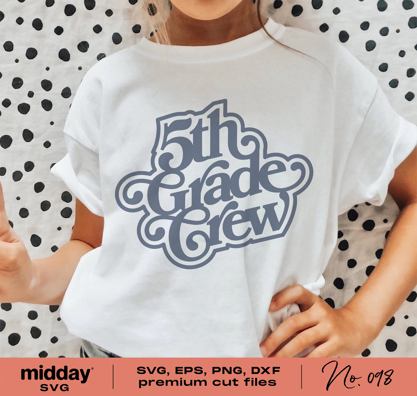 Child wearing a white t-shirt with '5th Grade Crew' design, perfect for fifth graders and teachers, available in SVG, EPS, PNG, DXF formats.