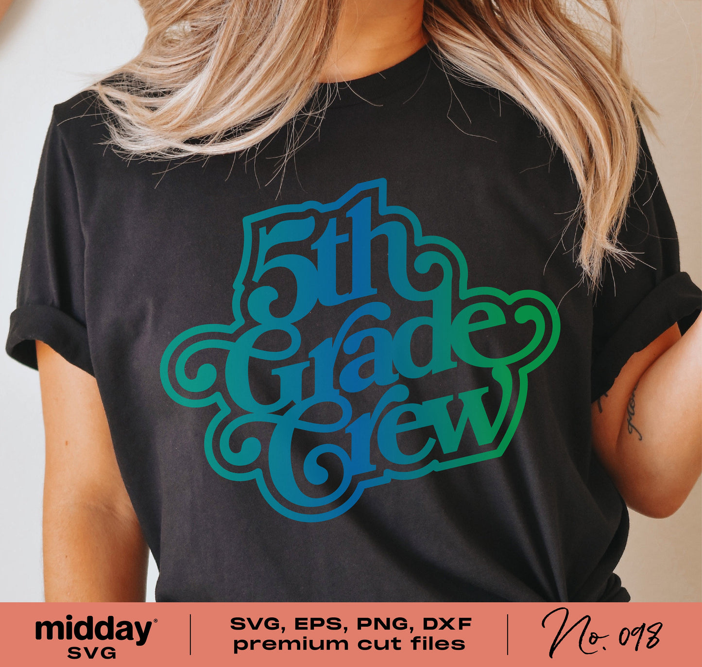Woman wearing a black t-shirt with '5th Grade Crew' design in vintage font, ideal for teachers and students, available in SVG, PNG formats.