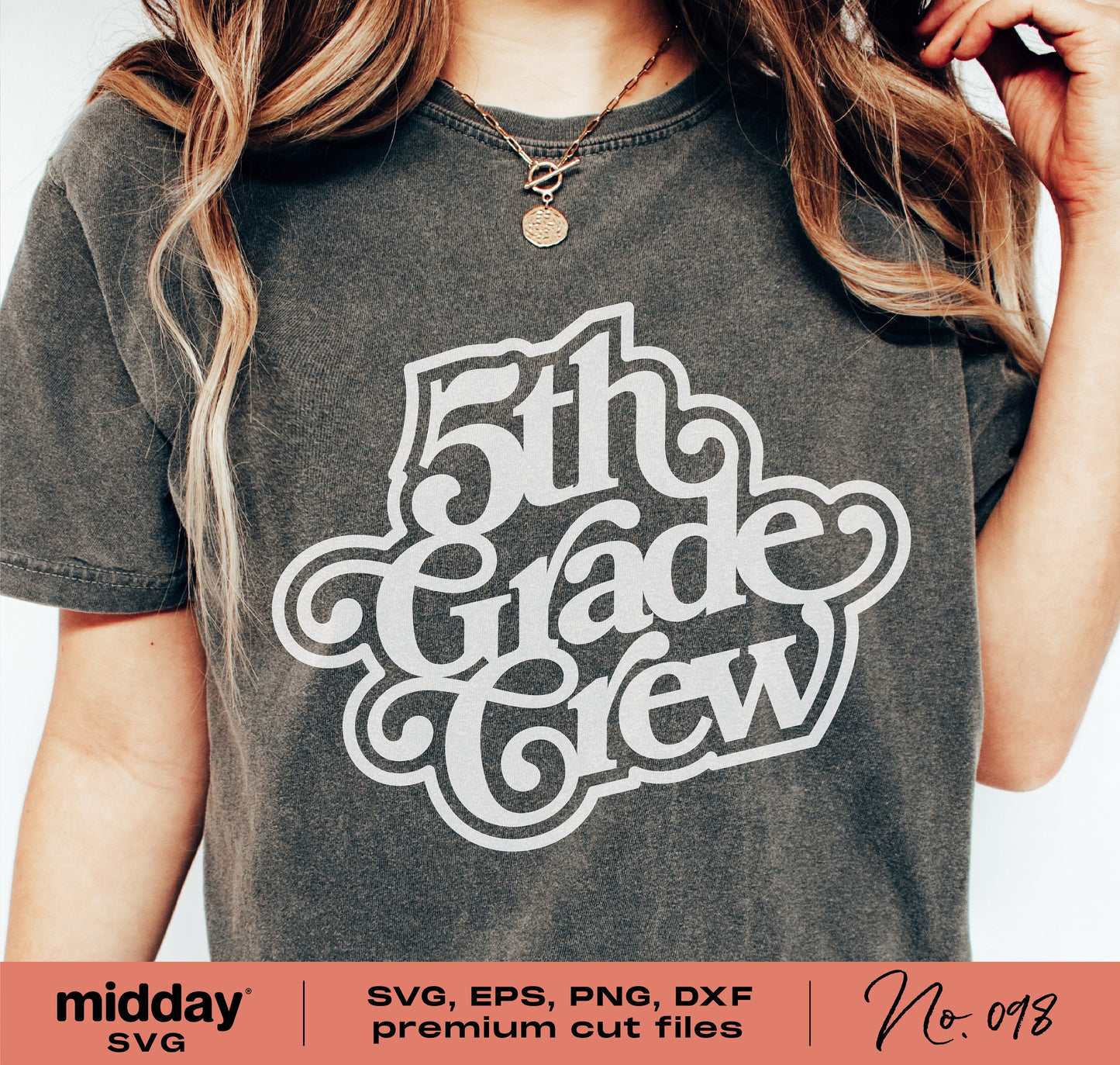 Person wearing a '5th Grade Crew' shirt, ideal for teachers and students. Available in SVG, EPS, PNG, DXF formats for Cricut and Silhouette.