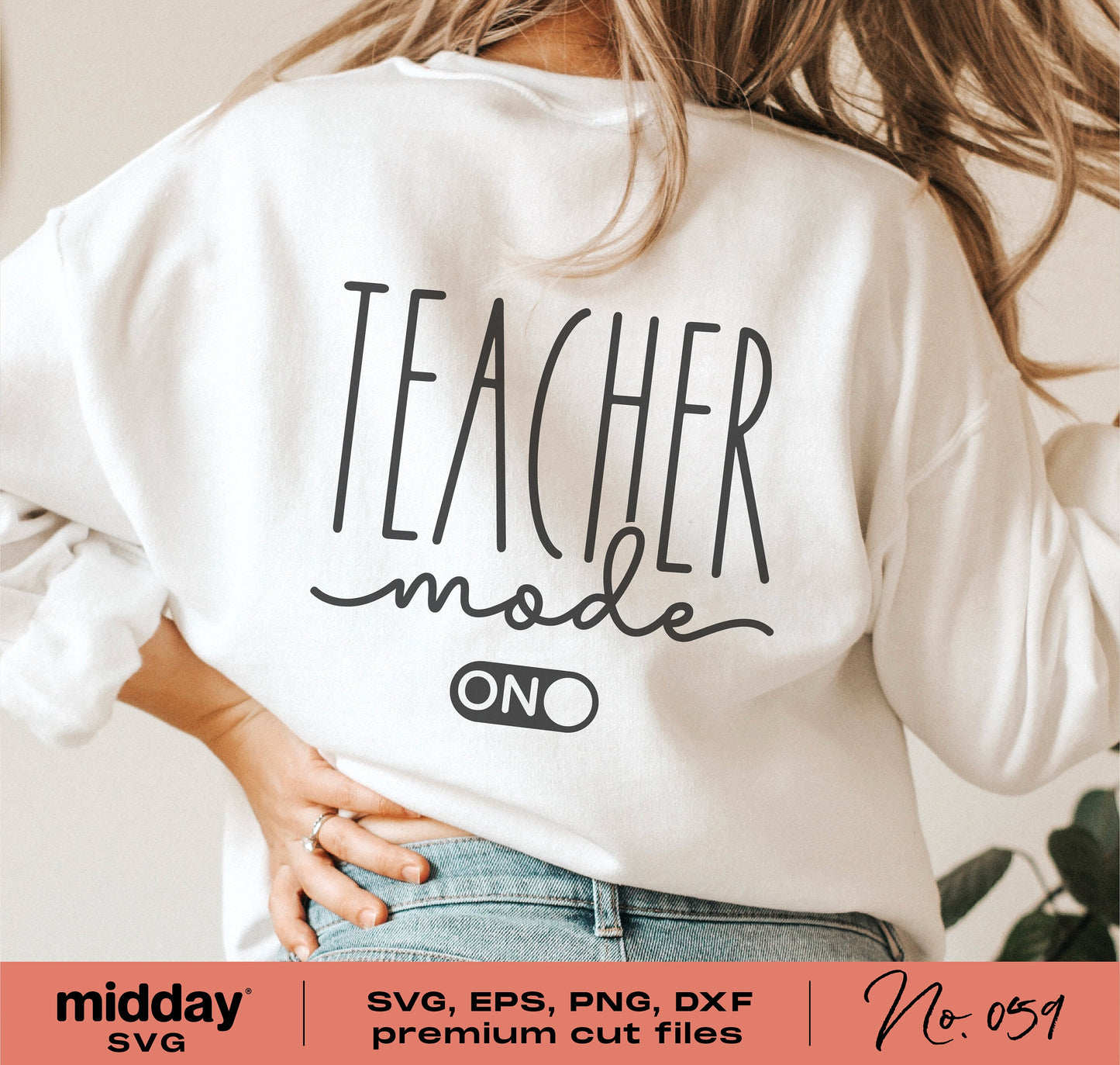 Woman wearing white shirt with 'Teacher Mode On' design, showcasing back to school SVG files for Cricut, Silhouette, and more.