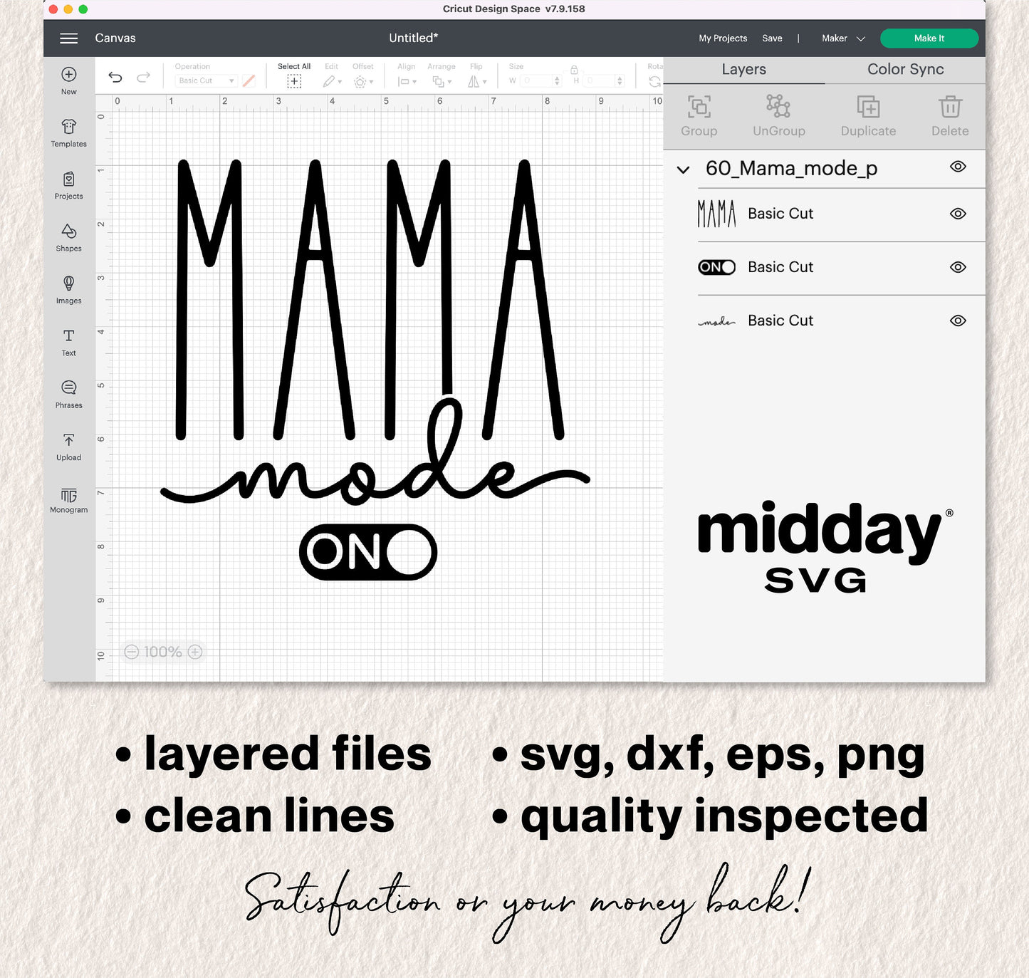 Mama Mode design in Cricut software featuring SVG, DXF, EPS, PNG files for funny mom life shirts and crafts.