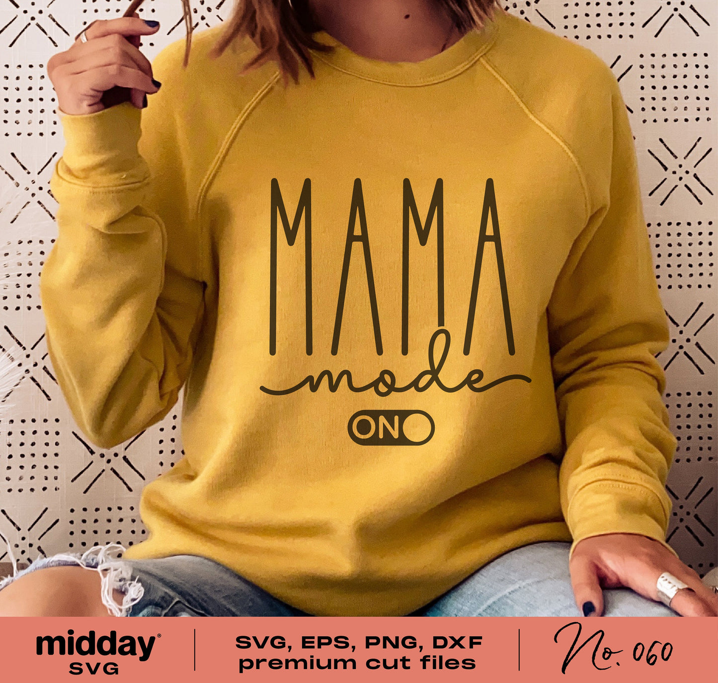 Woman wearing yellow "Mama Mode" sweater, perfect for DIY funny mom life shirts using Cricut or Silhouette with SVG cut files.