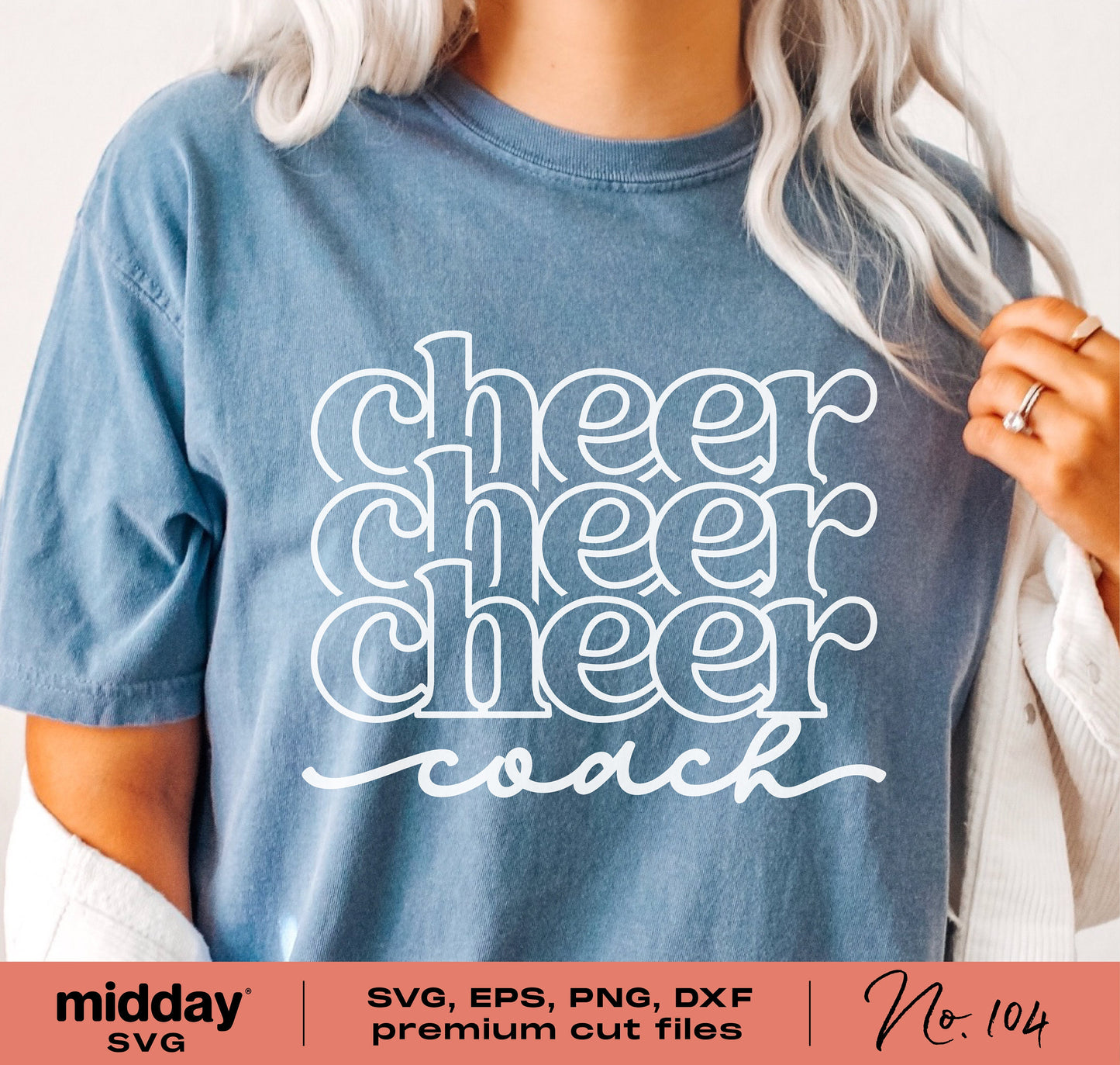 Cheer Coach shirt design in SVG, PNG, DXF, and EPS formats for Cricut and Silhouette featuring white text on a blue tee.