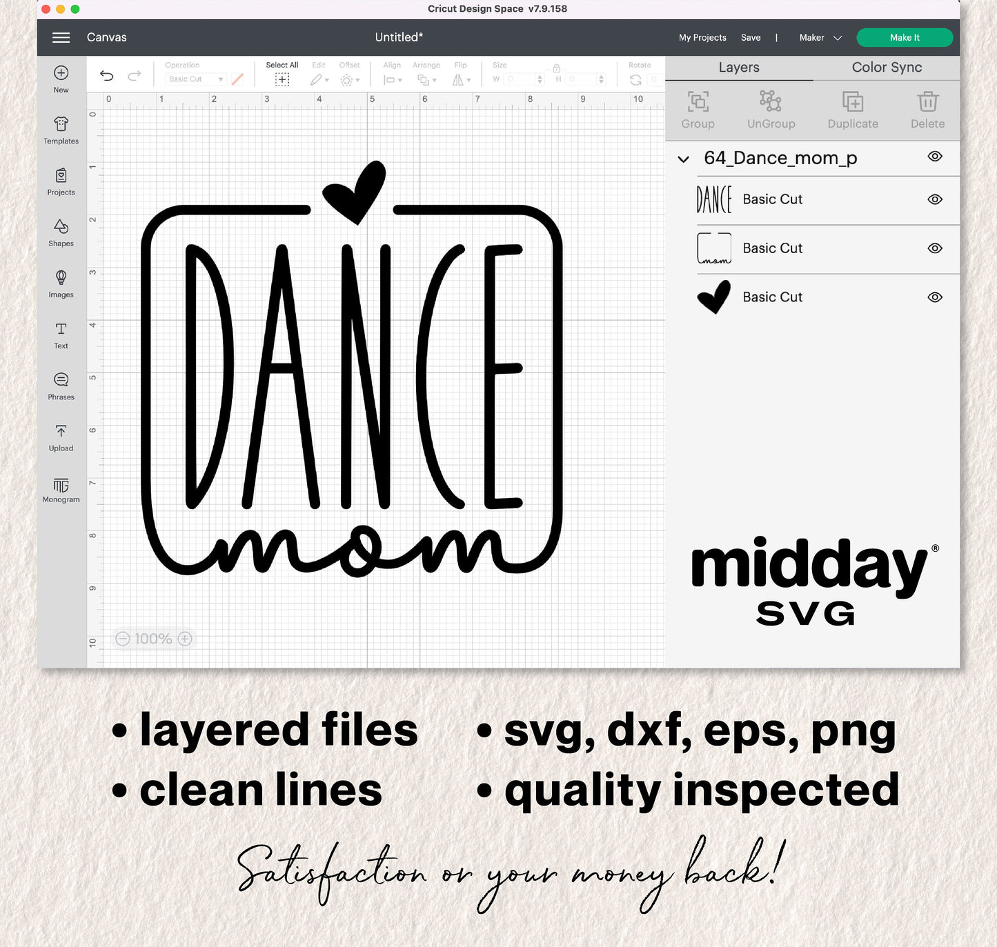 Dance Mom SVG design displayed in Cricut Design Space, featuring layered files, suitable for Cricut and Silhouette use.