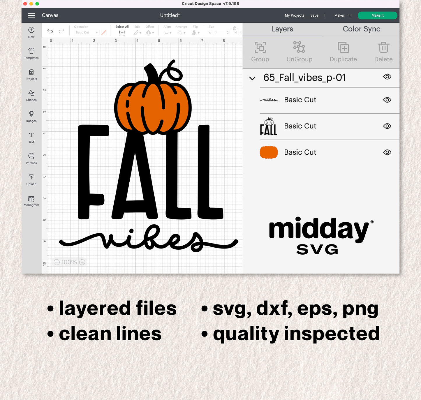 Fall Vibes SVG design with pumpkin, displayed in Cricut Design Space, includes SVG, DXF, EPS, PNG formats, perfect for fall crafts.
