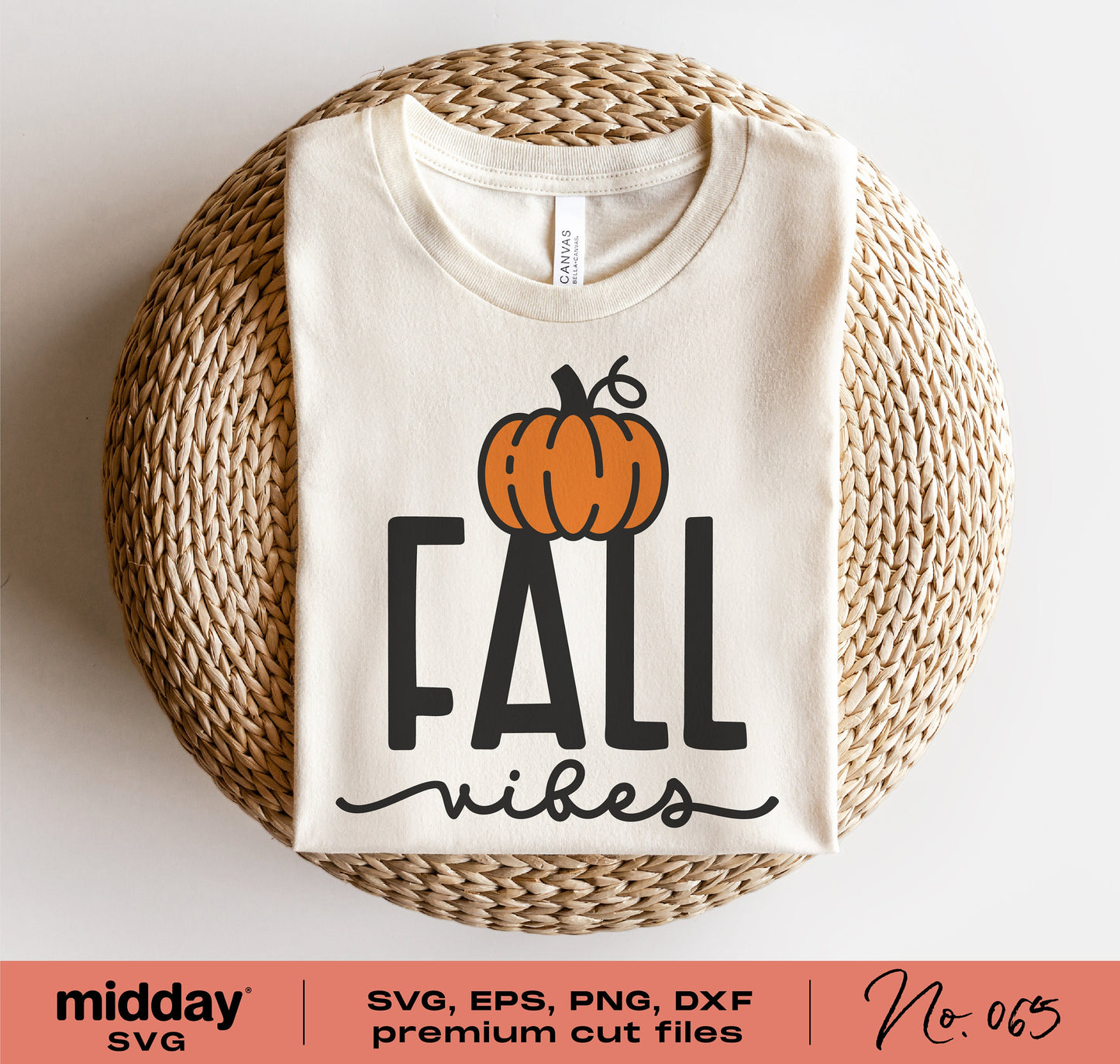 Folded beige shirt with 'Fall Vibes' and pumpkin graphic, showcasing SVG cut file for Cricut or Silhouette, perfect for autumn crafting.