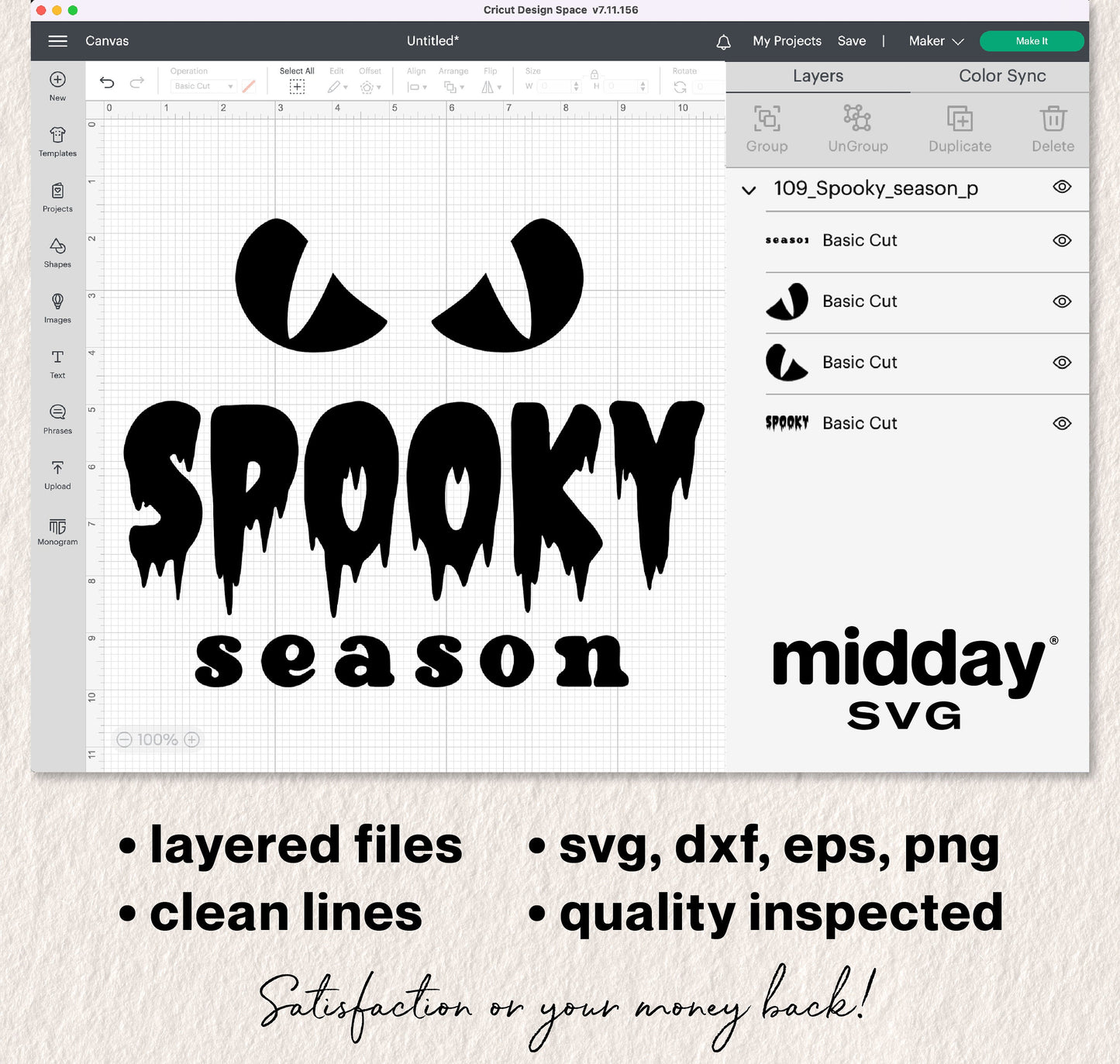 Spooky Season SVG design with spooky eyes and text, available in SVG, DXF, EPS, PNG for Cricut and Silhouette crafting projects.