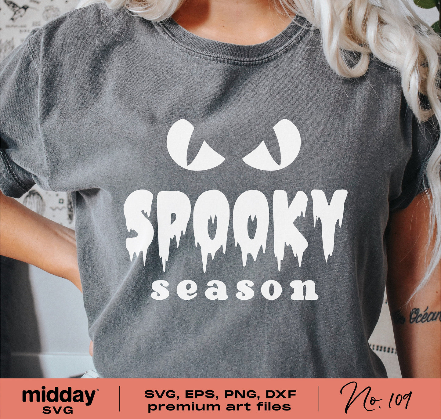 Person wearing a t-shirt with "Spooky Season" and eyes graphic, designed for Cricut and Silhouette projects, featuring SVG, EPS, PNG, DXF formats.