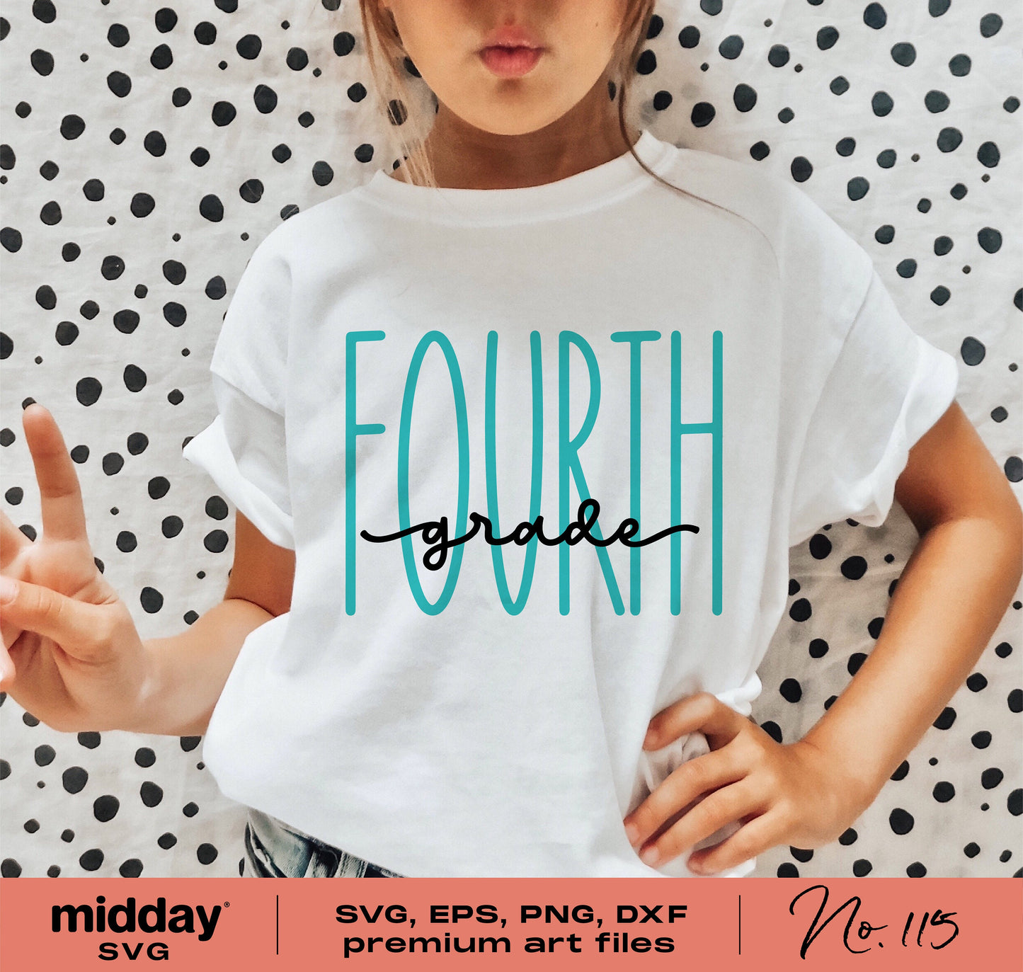 Girl wearing a t-shirt with 'Fourth Grade' design, ideal for back to school and teacher appreciation gifts, compatible with Cricut and Silhouette.
