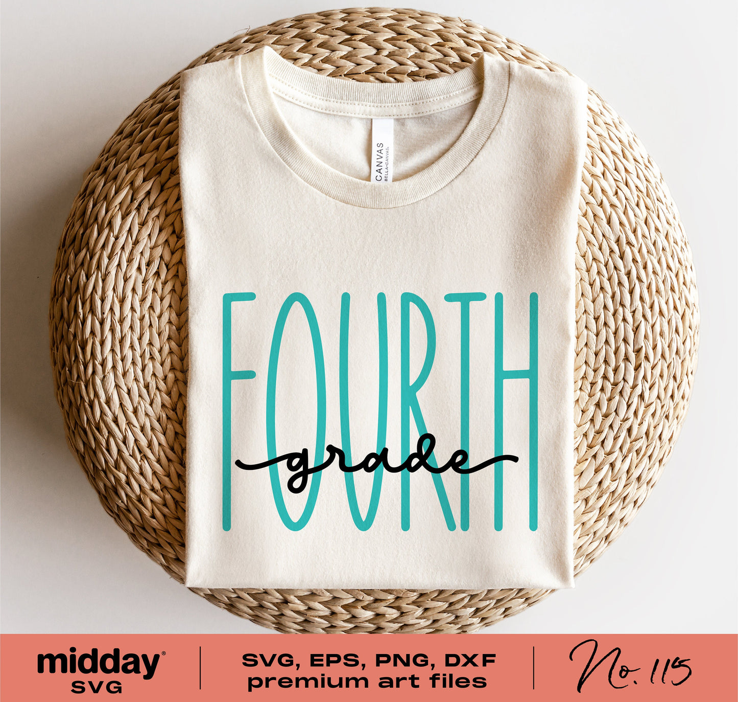 Fourth Grade SVG cut file on t-shirt for back to school, featuring "FOURTH grade" design in blue and black, ideal for Cricut projects.