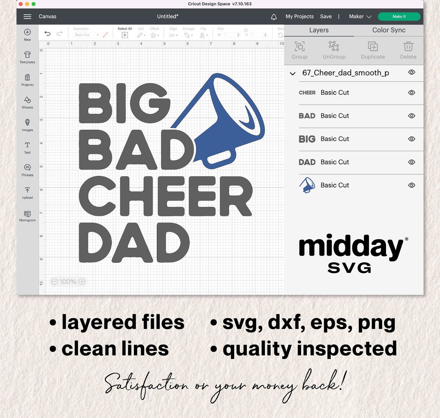 Big Bad Cheer Dad SVG file displayed in Cricut Design Space, featuring layered and quality-inspected digital cut files for crafting.