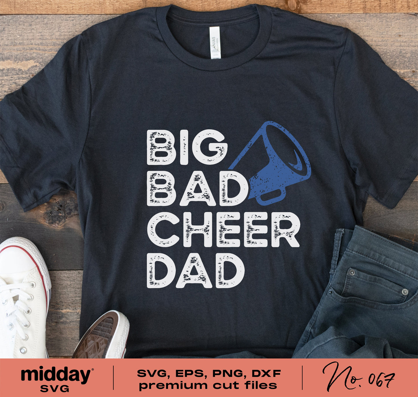 Black t-shirt with 'Big Bad Cheer Dad' design, featuring blue megaphone graphic, surrounded by white sneakers and jeans for a casual look.