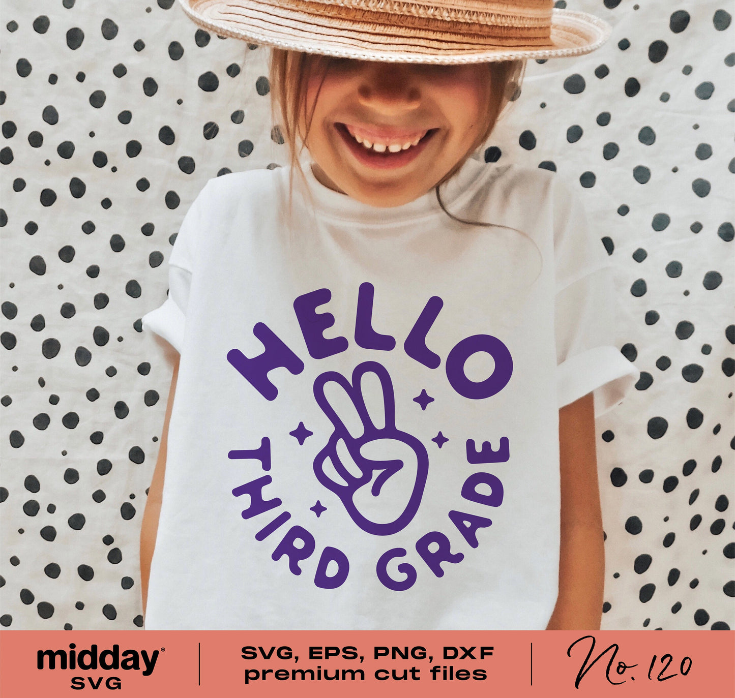 Girl wearing "Hello Third Grade" shirt, ideal for first day of school. Available as SVG, PNG, DXF, EPS for Cricut and Silhouette.