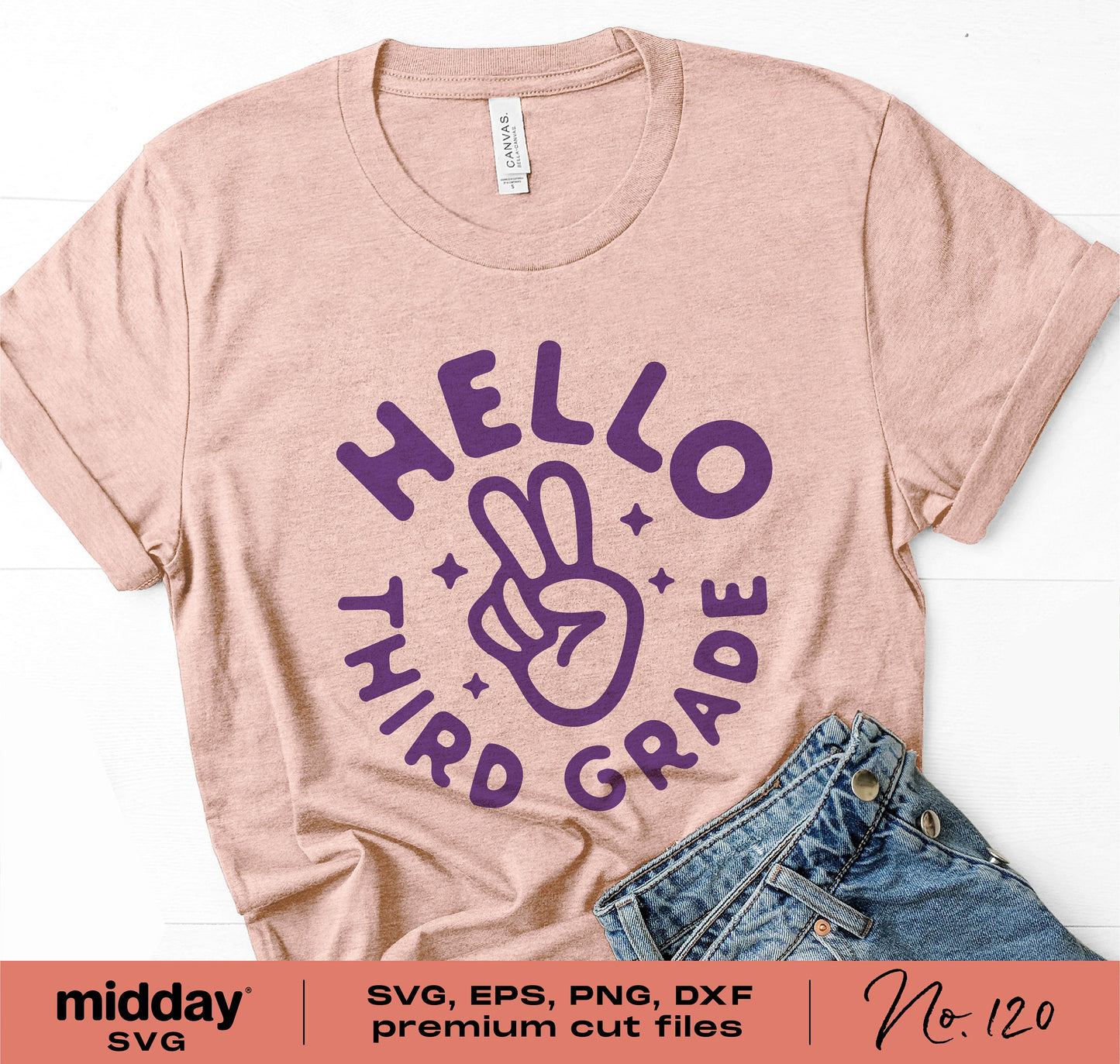 Hello Third Grade t-shirt with peace sign design, available in SVG, PNG, DXF, EPS formats, perfect for back-to-school crafts.