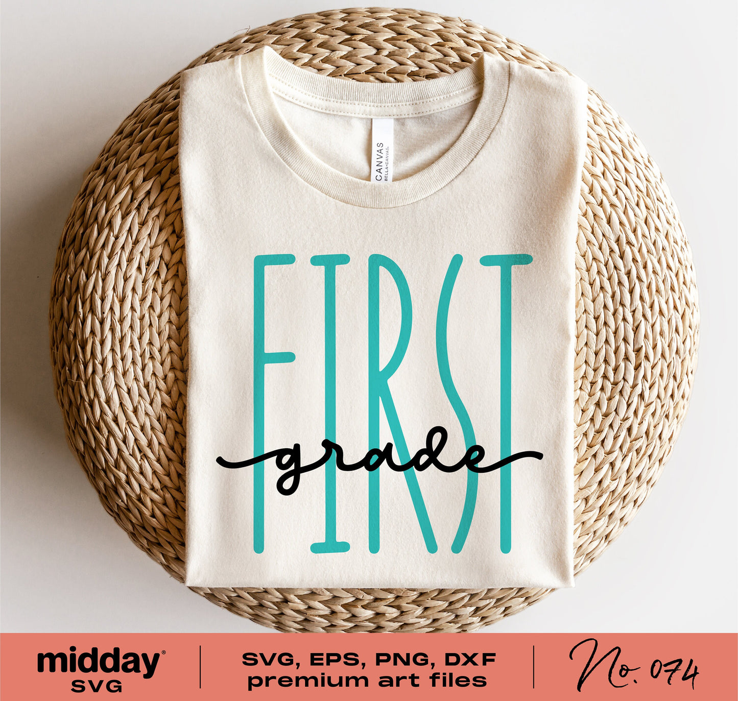 First Grade SVG design on a white t-shirt, perfect for back-to-school crafts and gifts. Available in SVG, EPS, PNG, DXF formats.