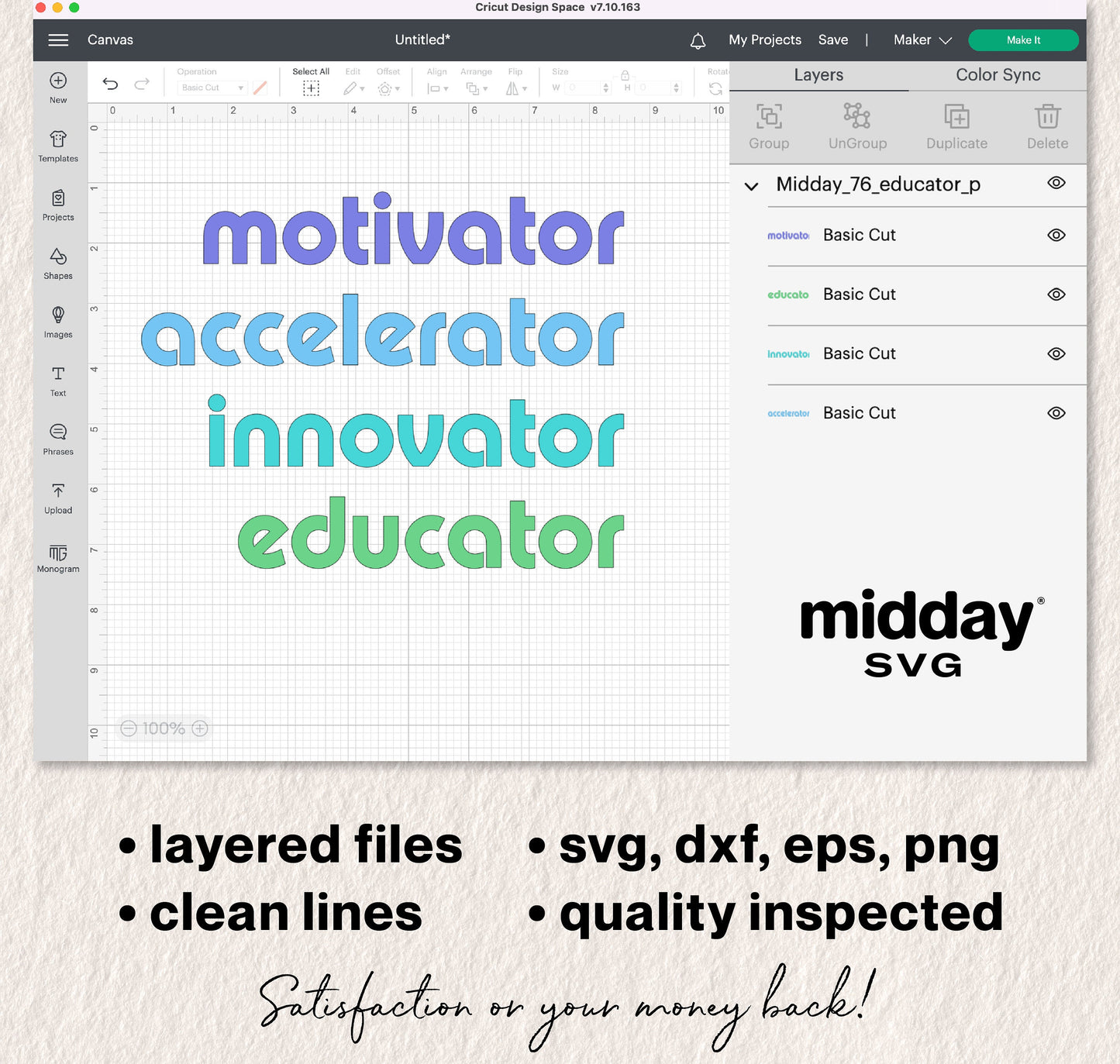 Teacher SVG design featuring words motivator, accelerator, innovator, educator; available in svg, dxf, eps, png formats for Cricut.
