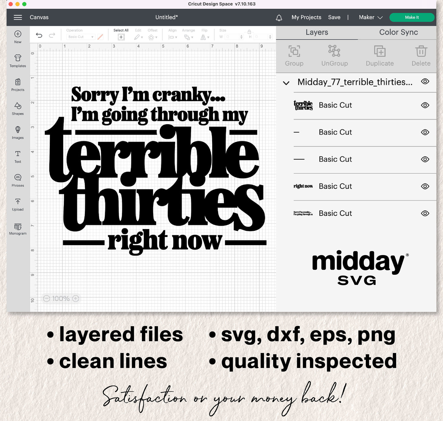 Terrible Thirties SVG design with funny quote, layered files for Cricut and Silhouette in svg, dxf, eps, png formats.