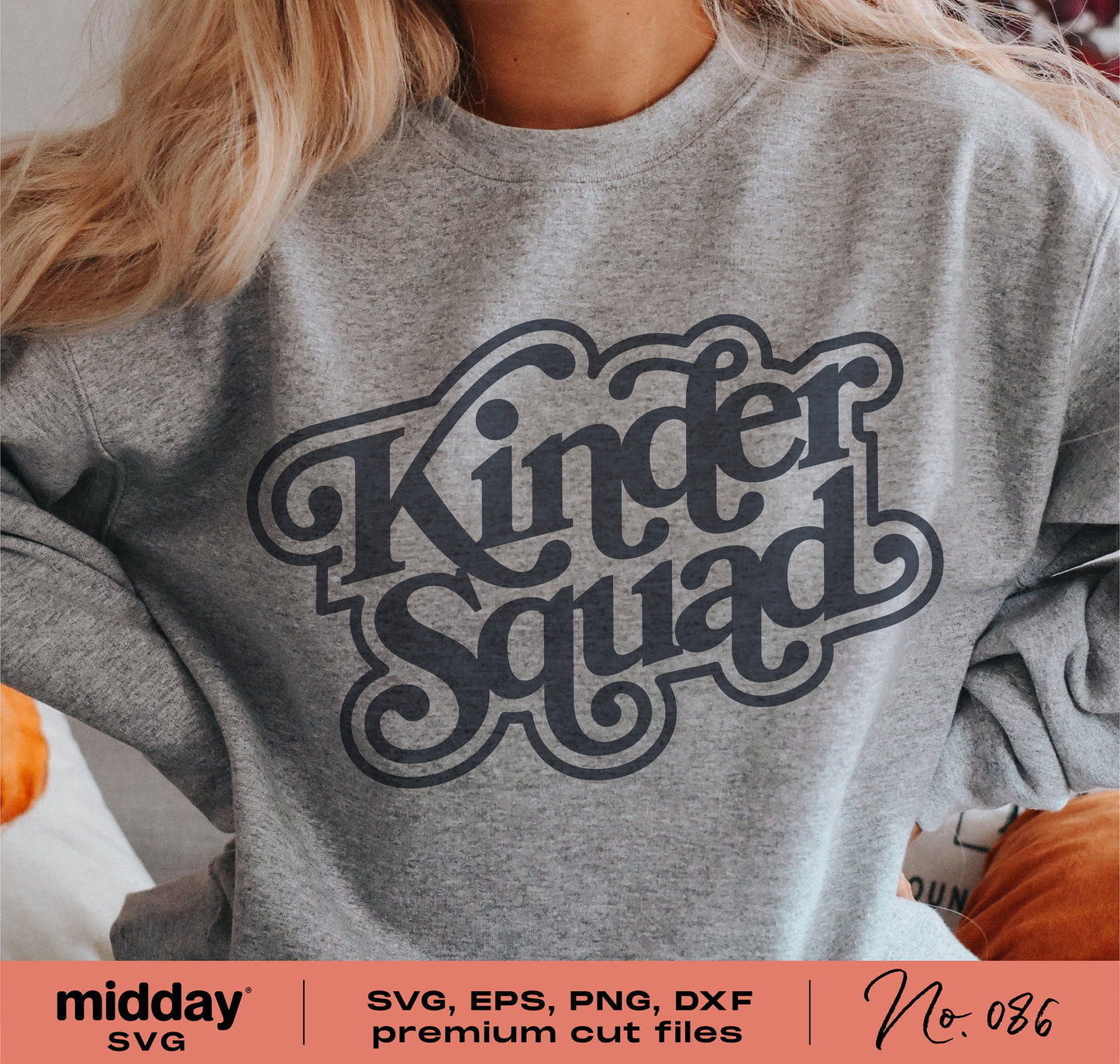 Gray sweatshirt with 'Kinder Squad' design, featuring SVG, PNG, DXF cut files for kindergarten teacher shirts, suitable for Cricut and Silhouette.
