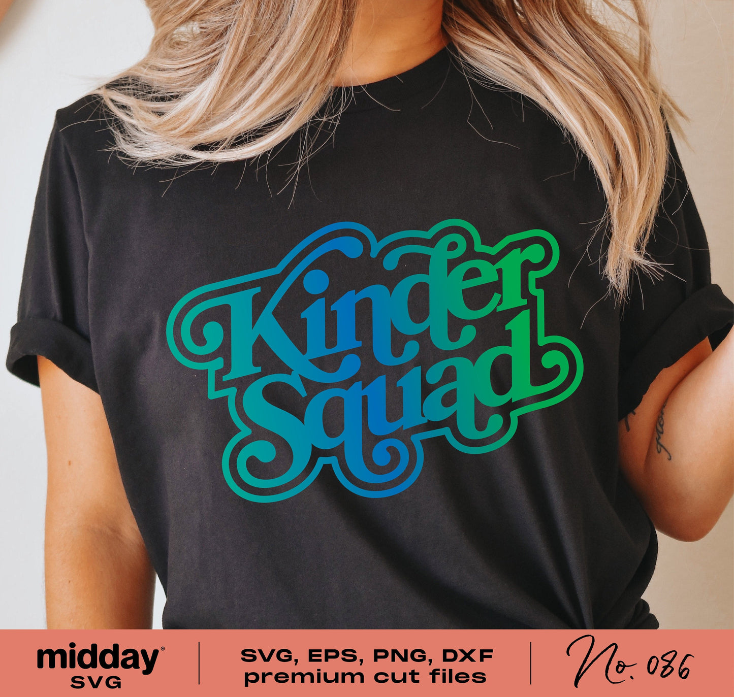Black t-shirt with 'Kinder Squad' design in blue and green, suitable for Cricut and Silhouette, includes SVG, PNG, DXF, EPS formats.