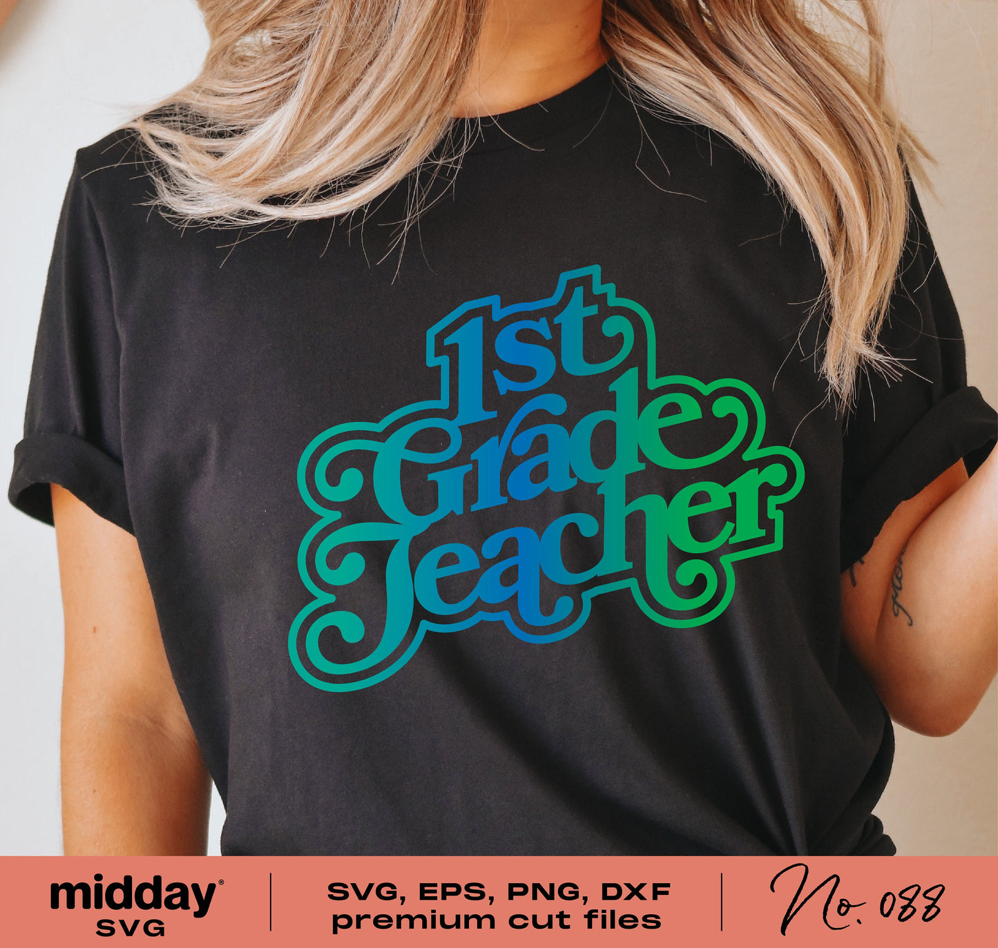 Retro 1st Grade Teacher Shirt with colorful text, suitable for Cricut and Silhouette projects. Includes SVG, EPS, PNG, DXF formats.