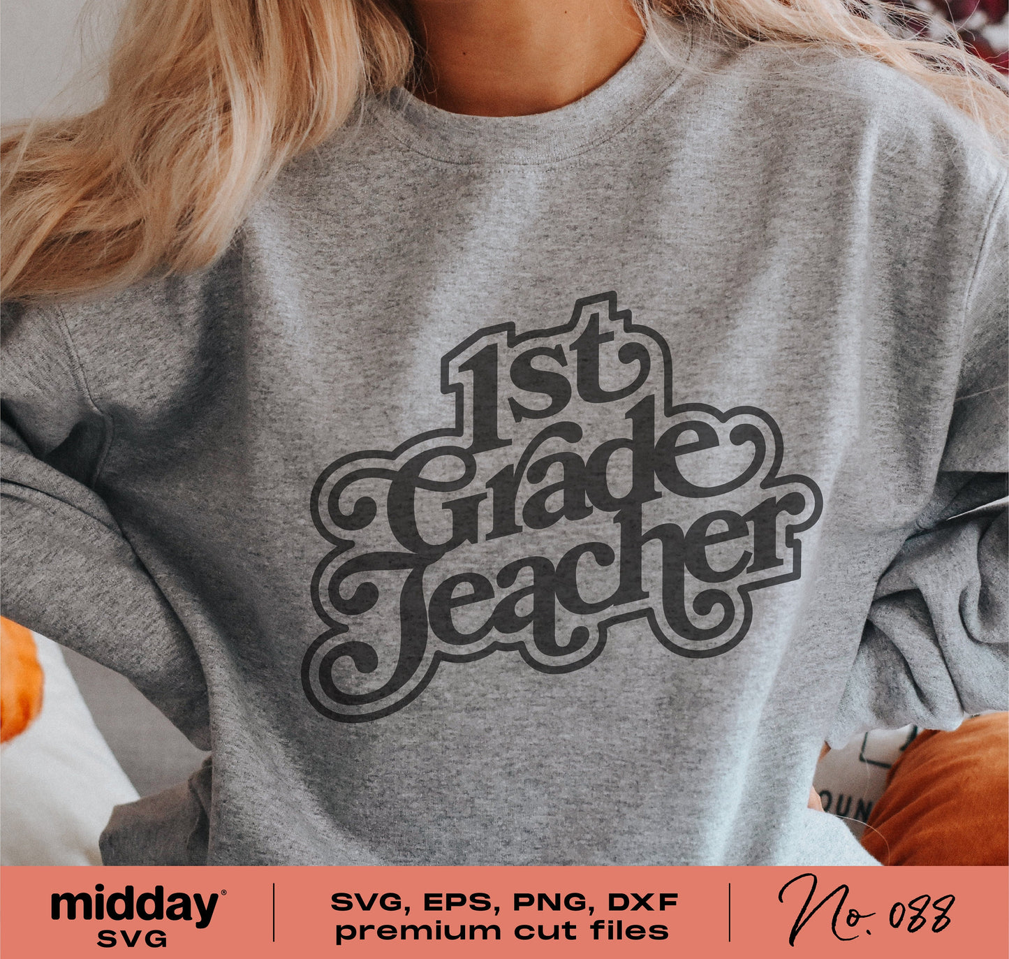 Woman wearing vintage style 1st Grade Teacher shirt, SVG cut file available for Cricut and Silhouette projects.