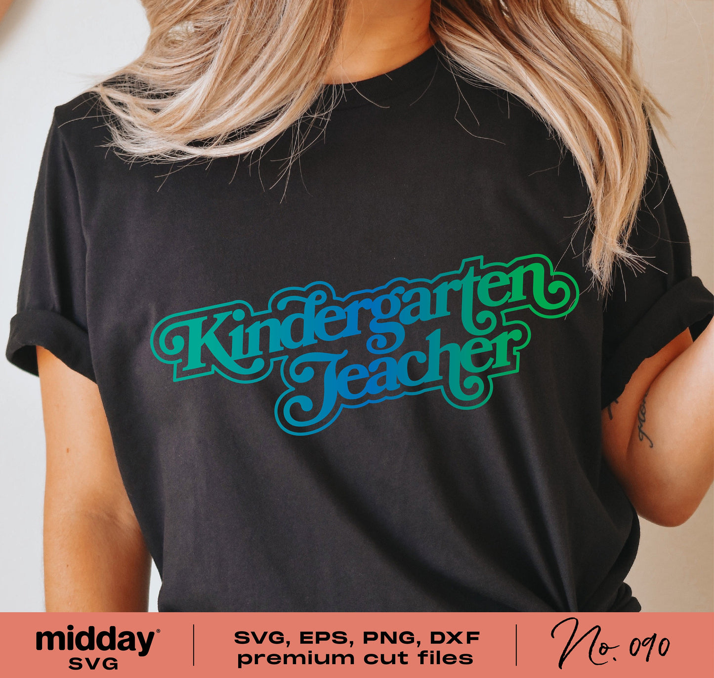 Black t-shirt with 'Kindergarten Teacher' design for Cricut and Silhouette, available as SVG, PNG, DXF, EPS files.