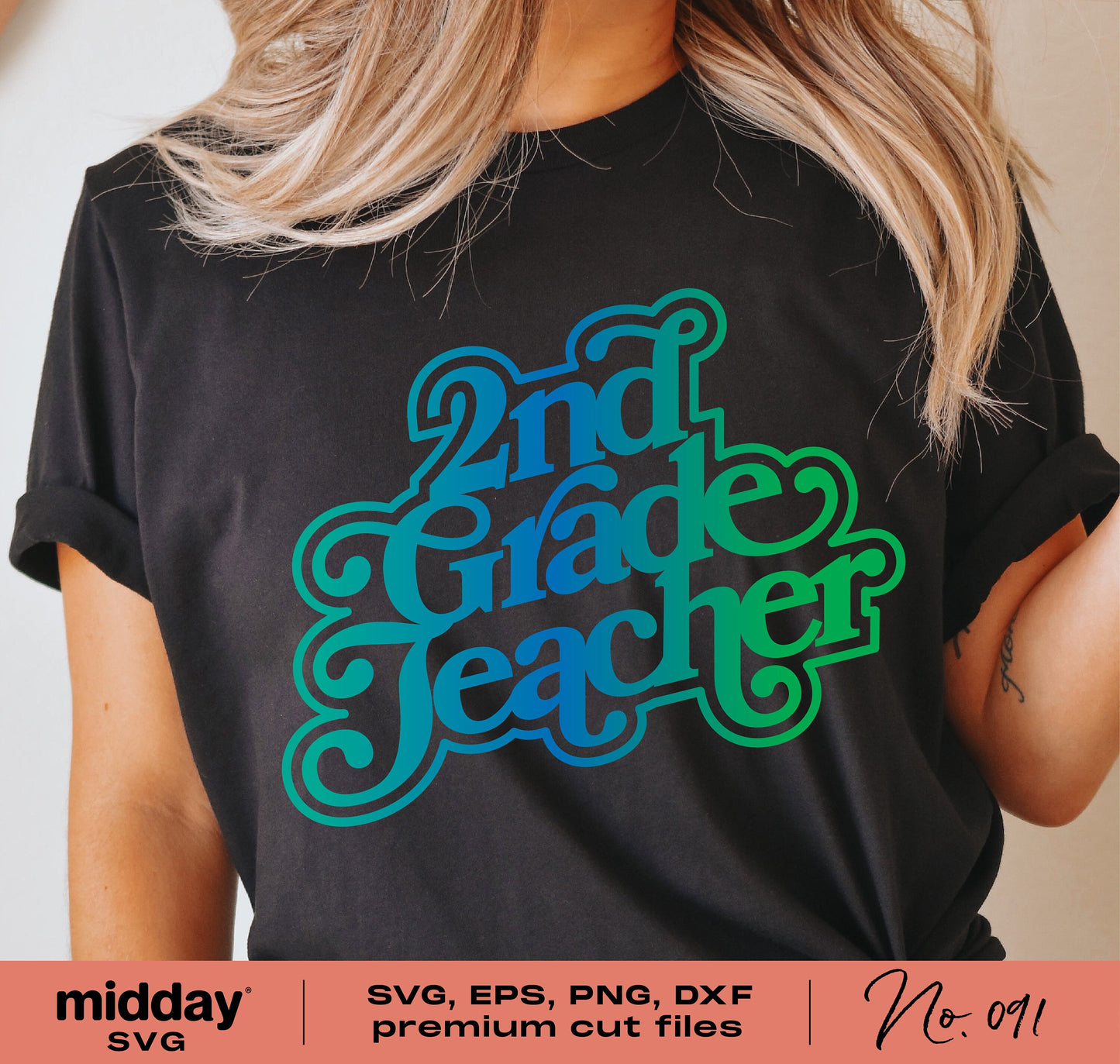 Person wearing a black t-shirt with '2nd Grade Teacher' retro design in blue and green. Ideal for Cricut, Silhouette, sublimation projects.