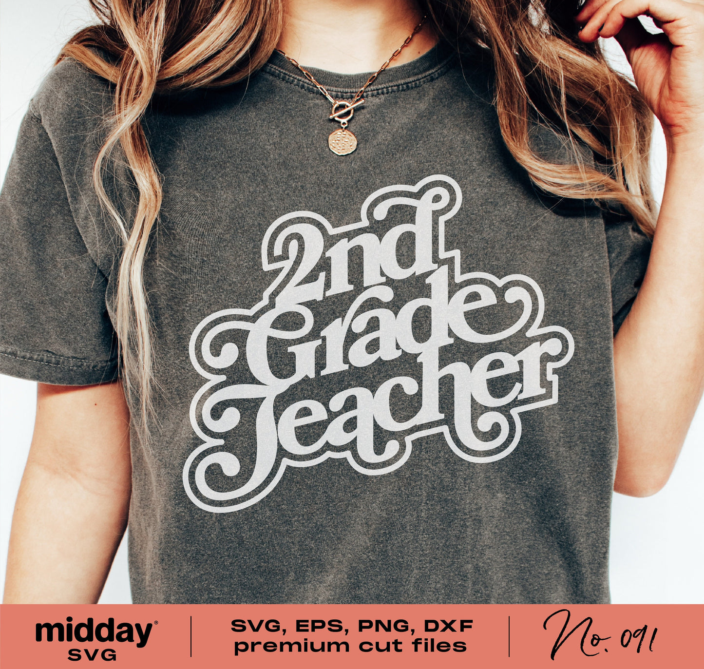 Retro second grade teacher shirt featuring "2nd Grade Teacher" design in SVG, EPS, PNG, DXF formats for Cricut and Silhouette.